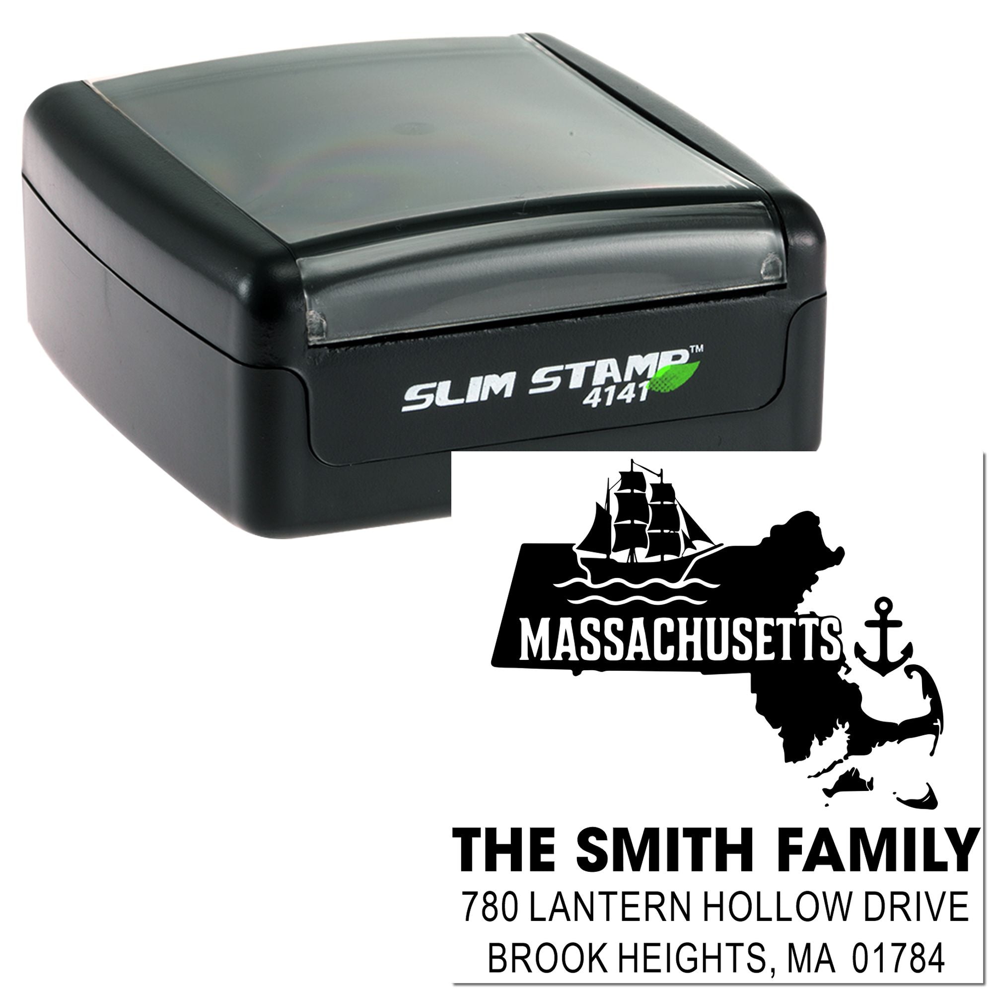 Slim Stamp 4141 self-inking Massachusetts address rubber stamp with custom family name and nautical state design