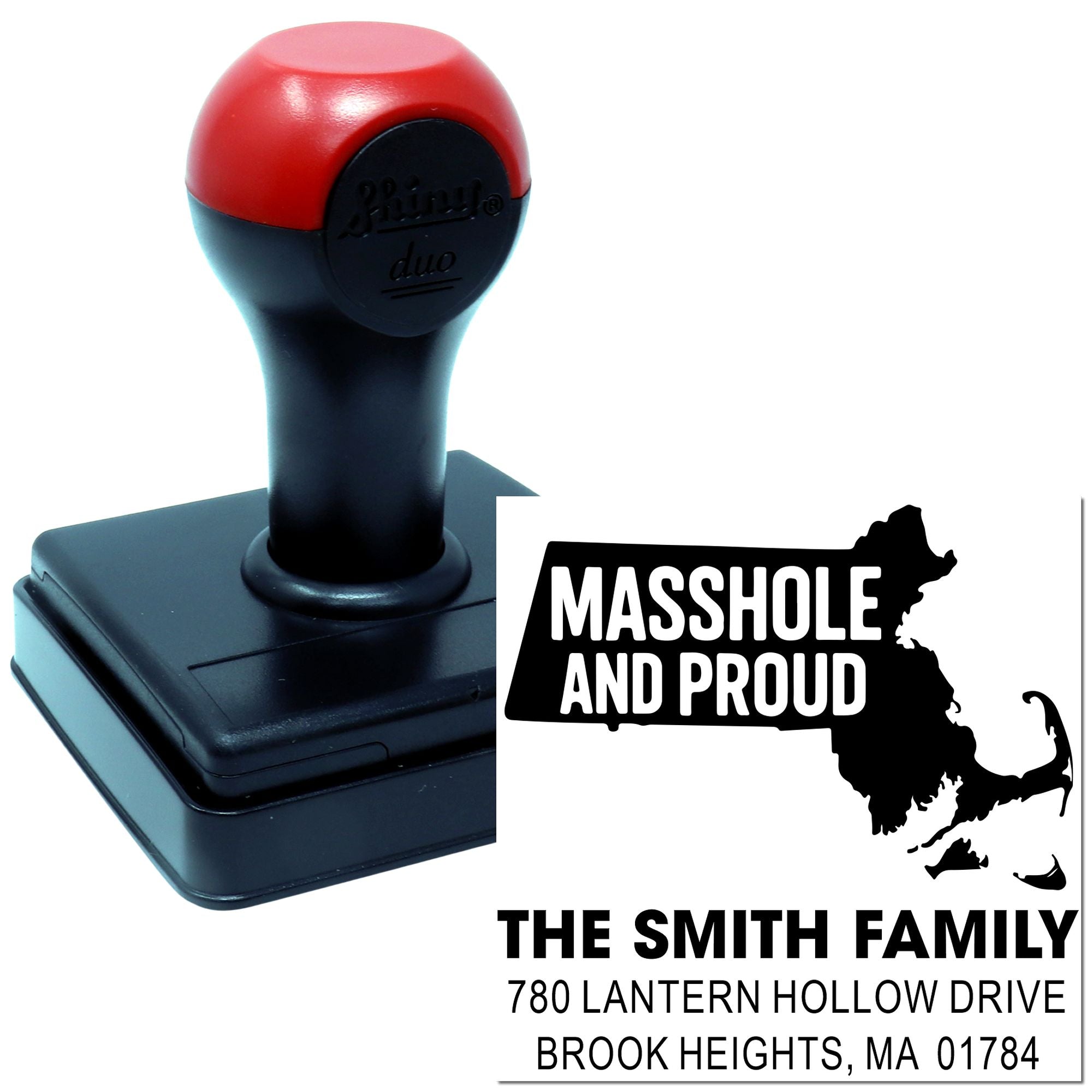 Personalized self-inking rubber stamp with Massachusetts Masshole and Proud design and return address for The Smith Family.