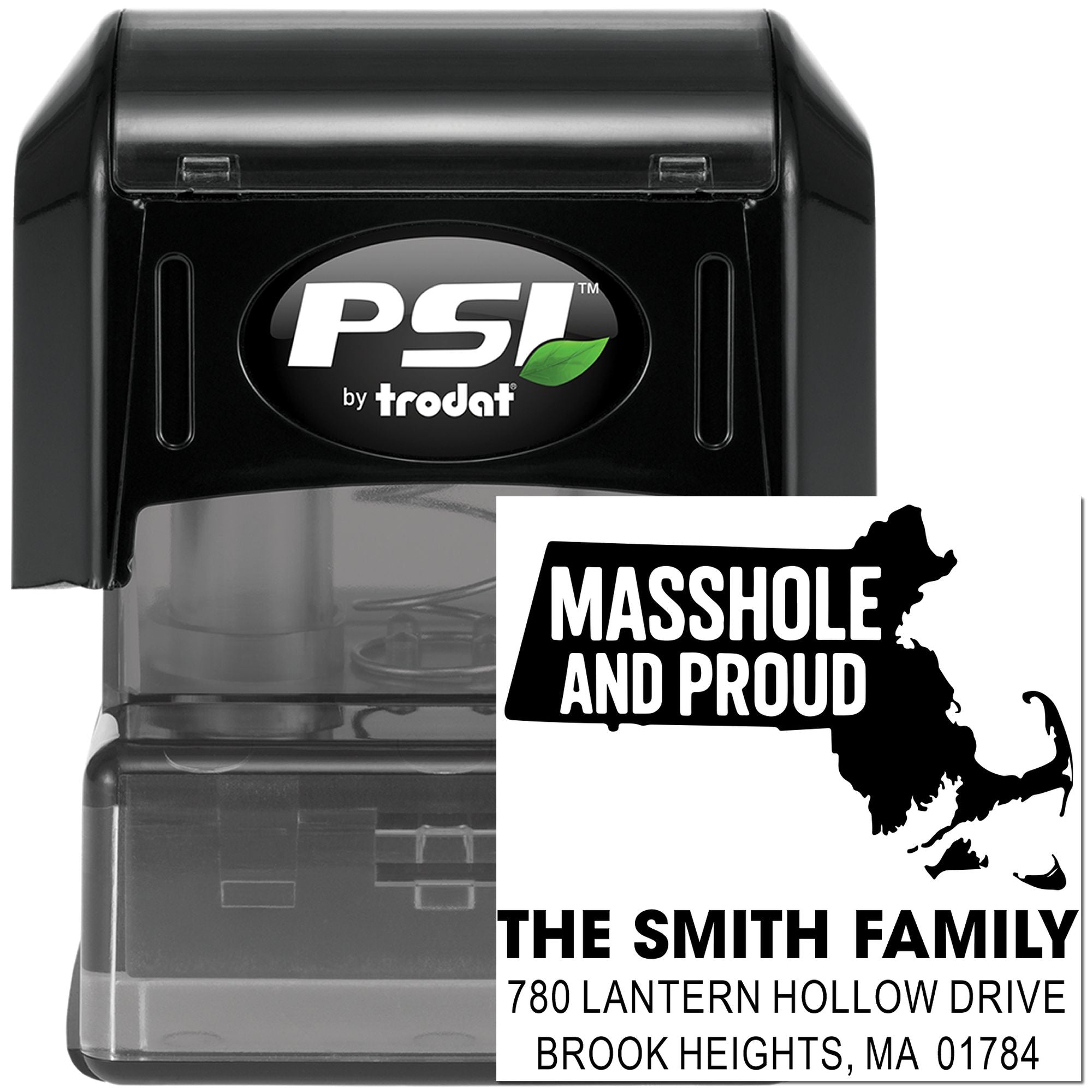 Custom self-inking rubber stamp for Massachusetts pride, featuring The Smith Family address and Masshole and Proud design.