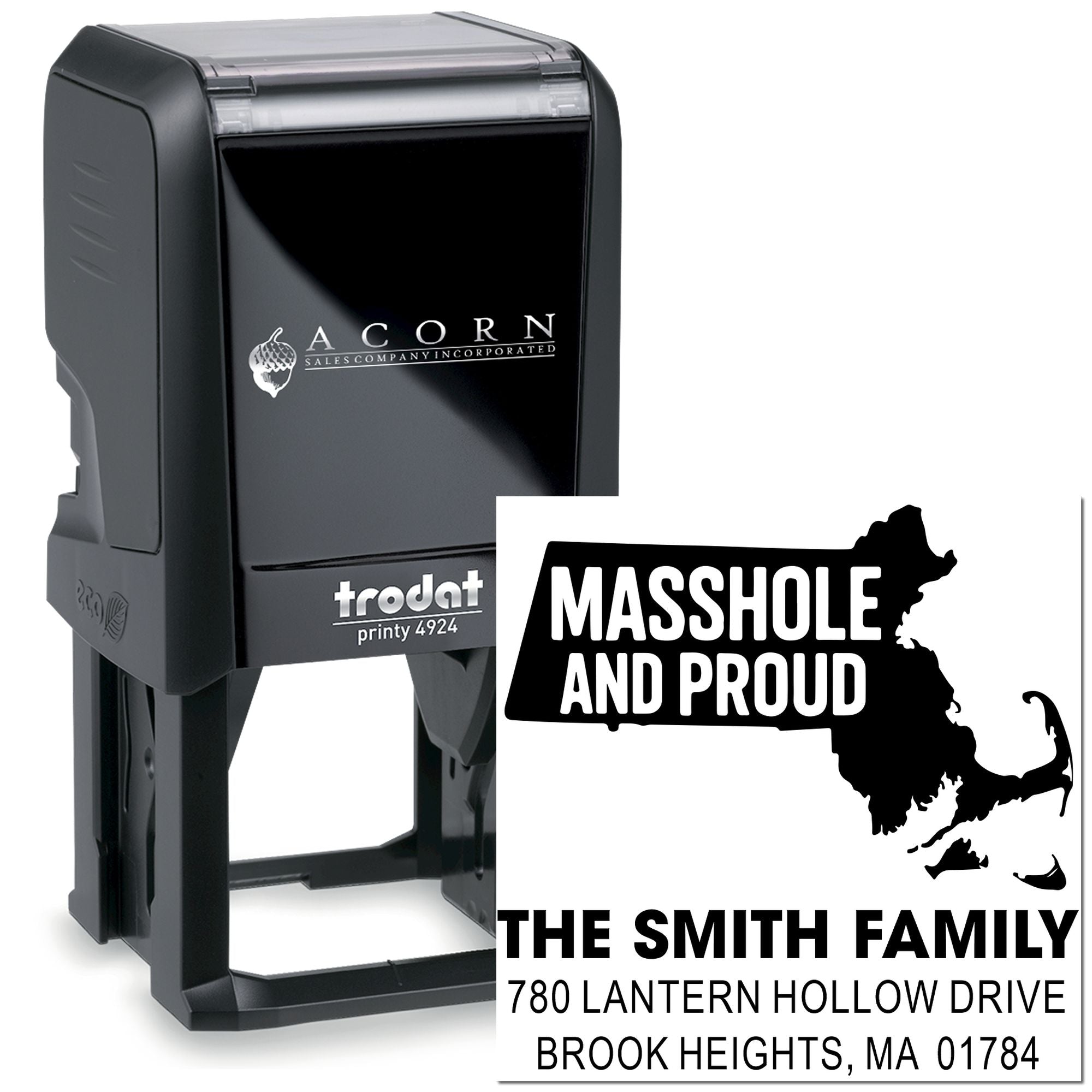 Custom self-inking rubber address stamp for The Smith Family, featuring Massachusetts Masshole and Proud design.