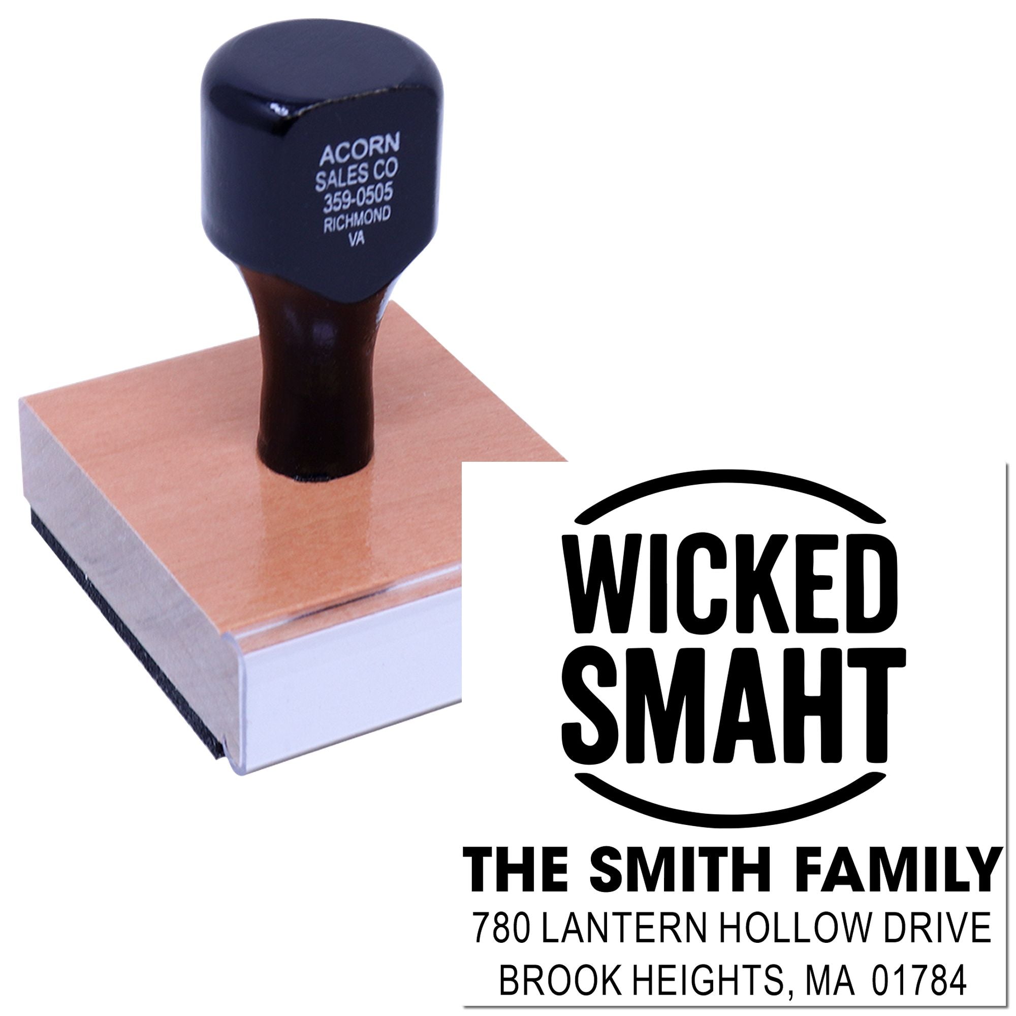 Custom rubber return address stamp with Wicked Smaht design for The Smith Family, Brook Heights, MA.