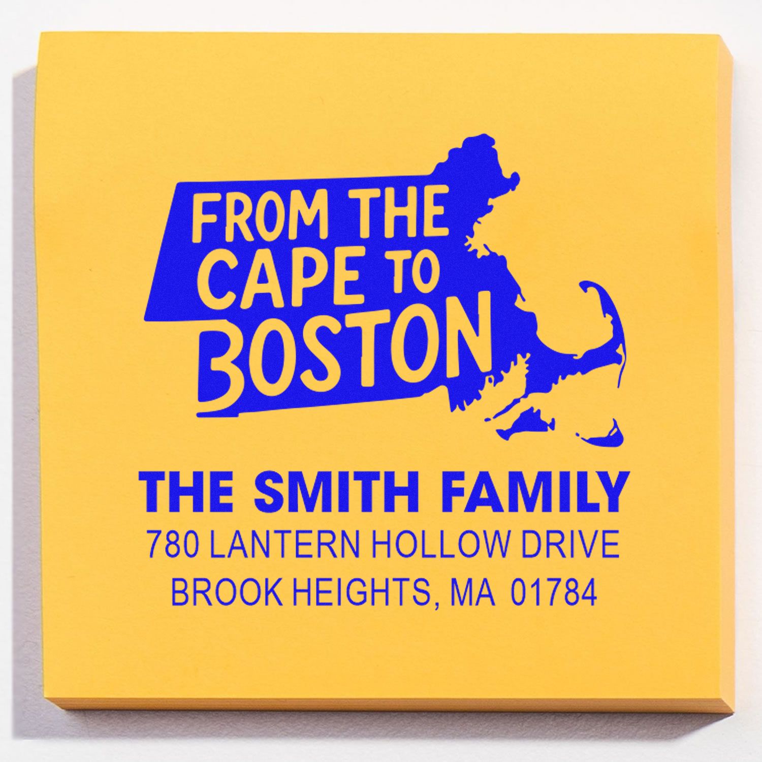 Custom address rubber stamp for The Smith Family with Massachusetts silhouette and Cape to Boston return address design.