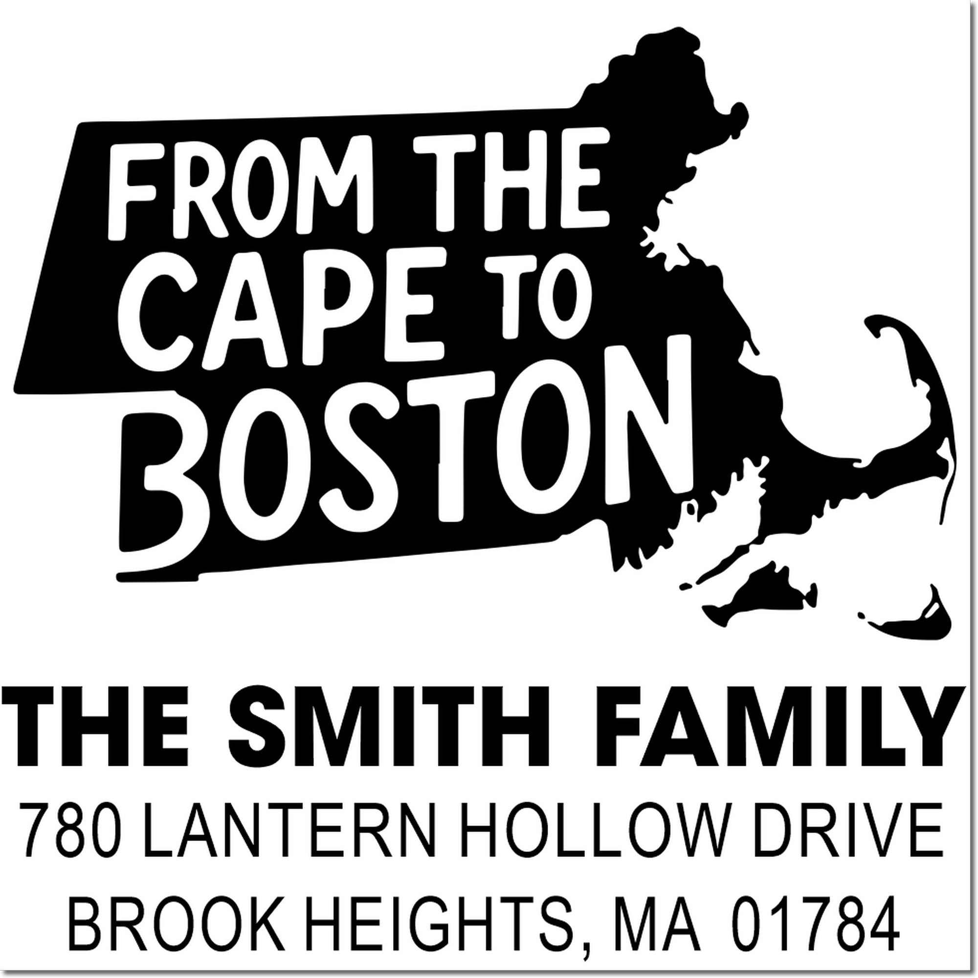 Massachusetts return address rubber stamp with From the Cape to Boston design for The Smith Family.