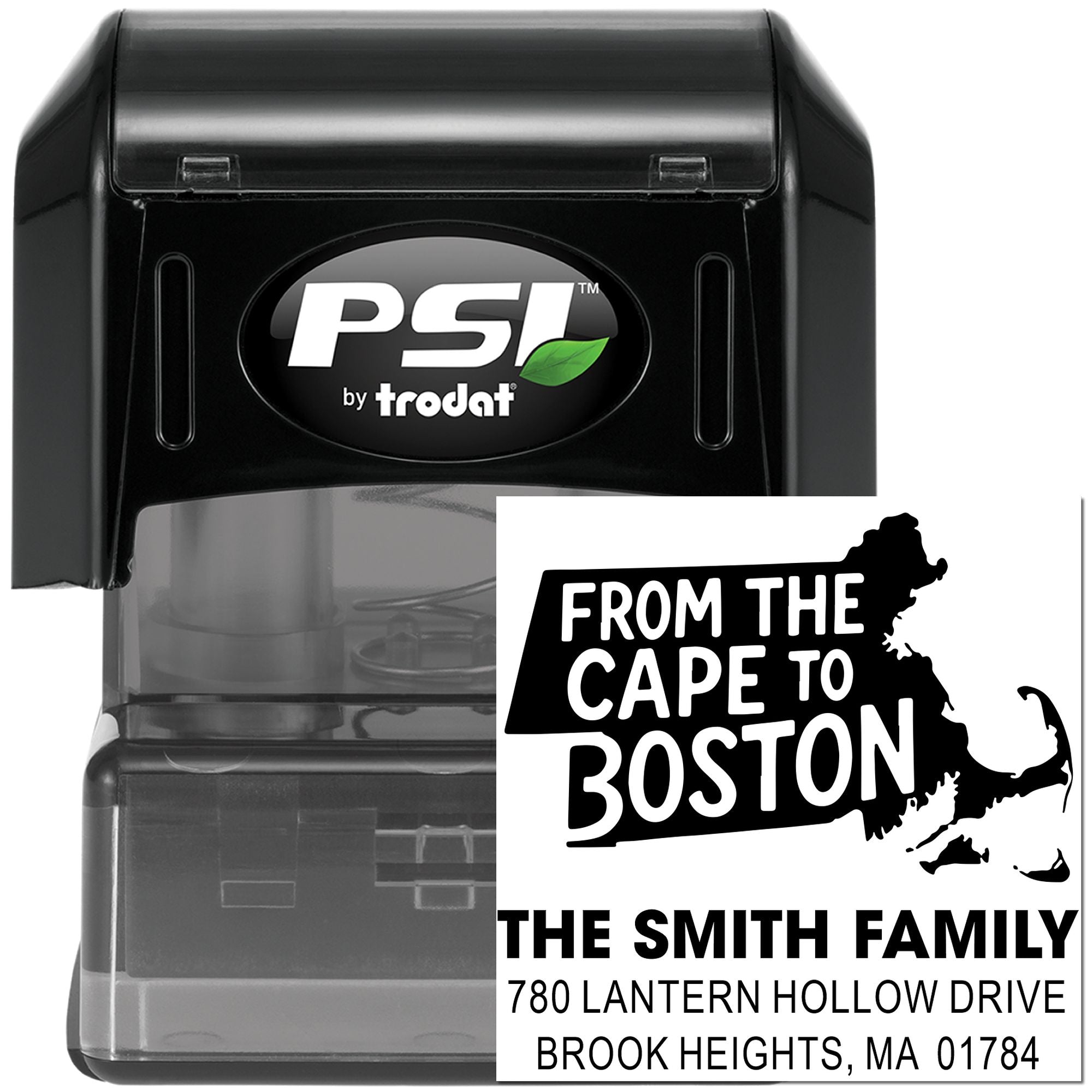 Custom PSI by Trodat self-inking rubber address stamp for The Smith Family with Massachusetts Cape to Boston design.