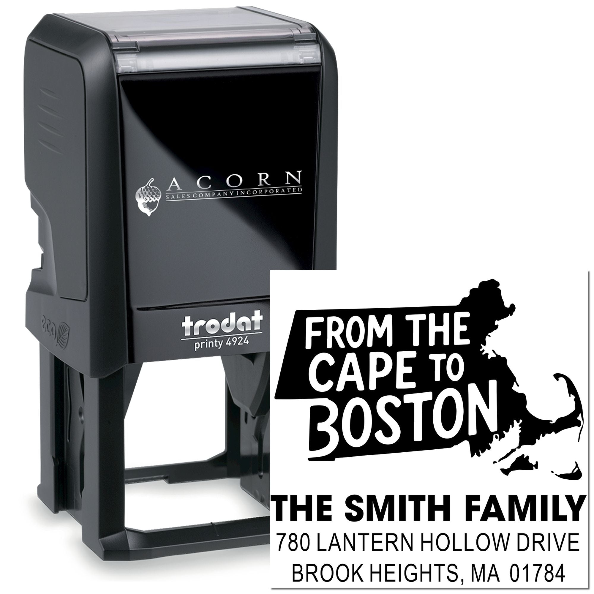 Trodat Printy self-inking rubber stamp with custom return address imprint for The Smith Family, From the Cape to Boston.