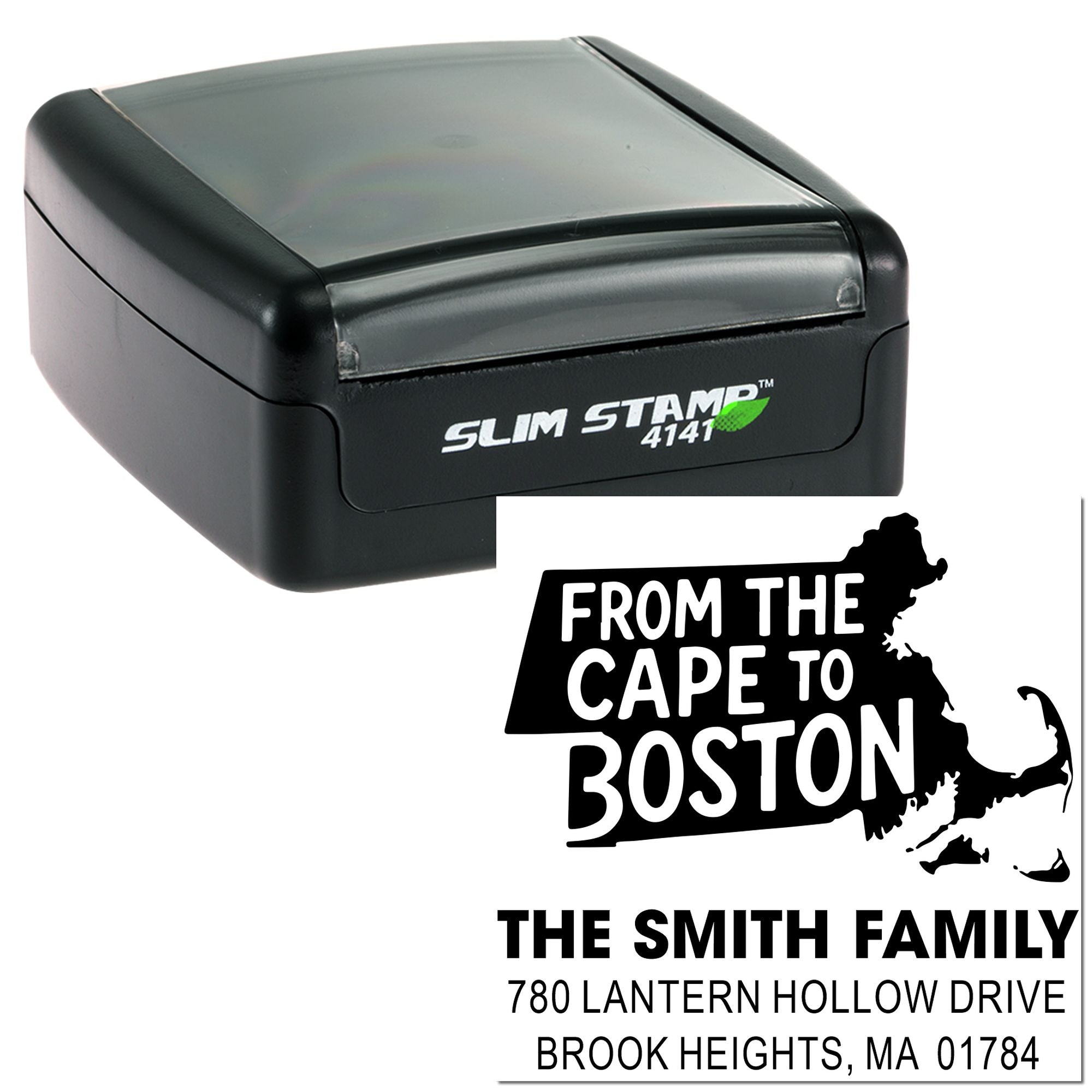 Custom self-inking Slim Stamp 4141 rubber stamp with Massachusetts design and personalized family address imprint.