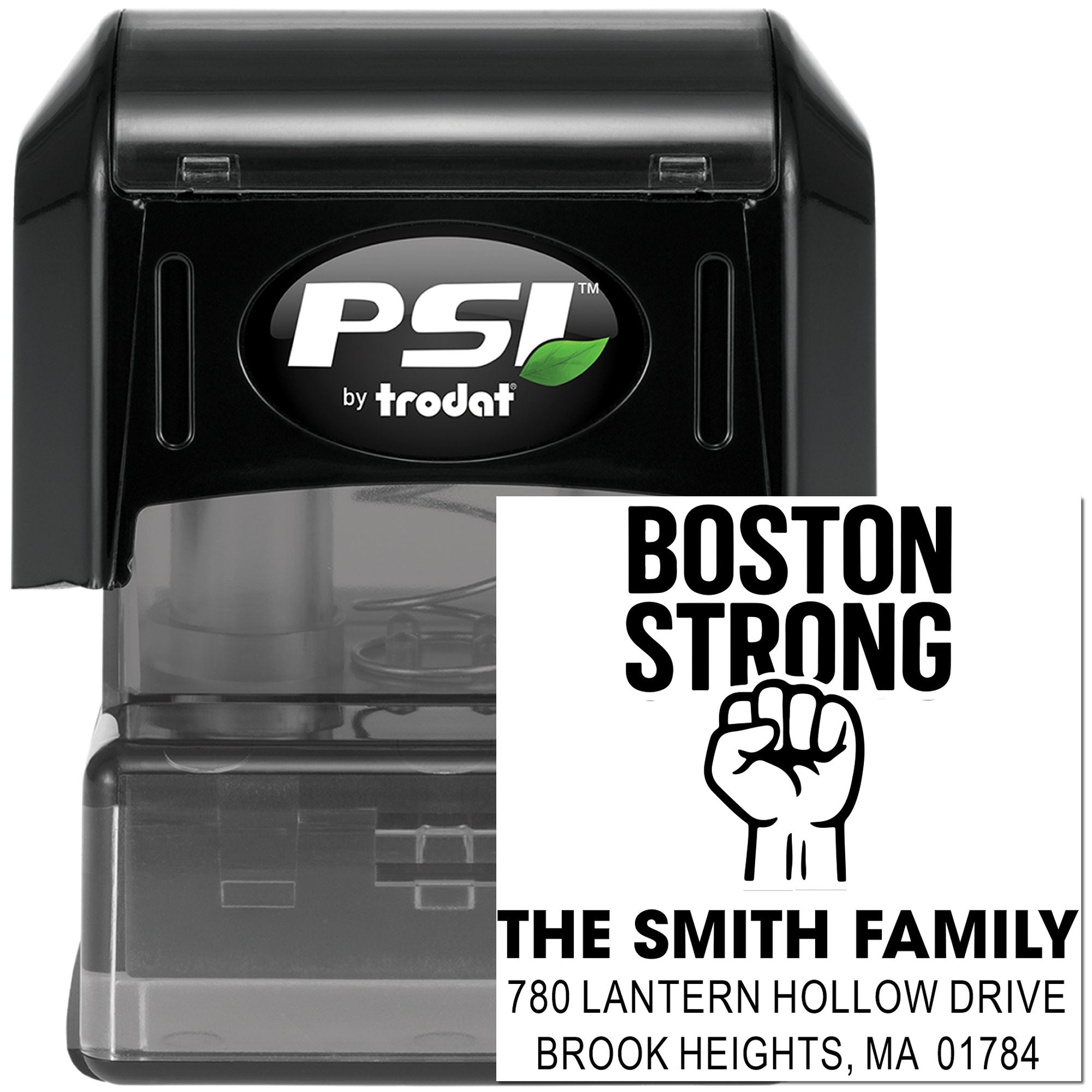 Custom self-inking rubber address stamp by PSI Trodat with Boston Strong family return address imprint.