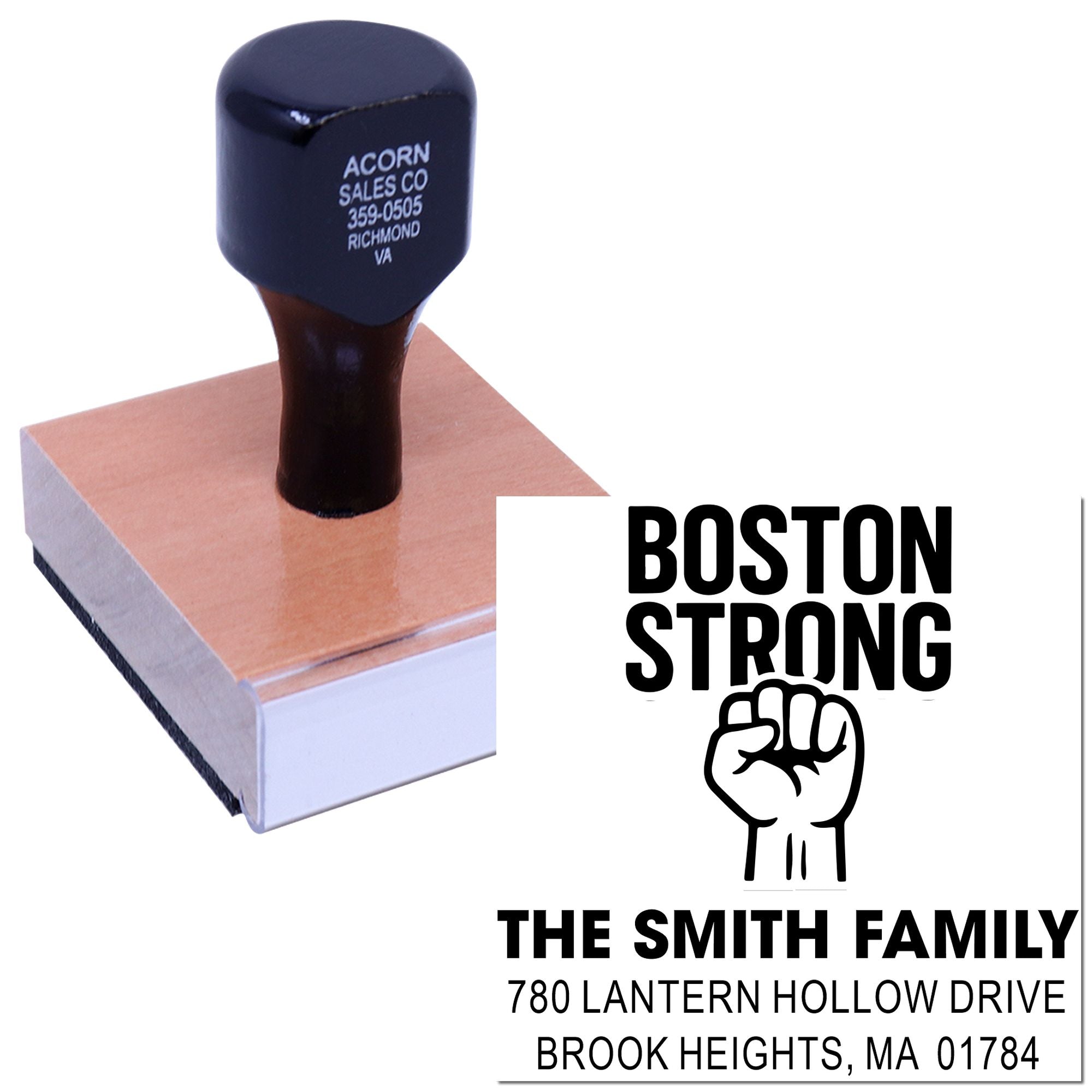 Custom rubber return address stamp with Boston Strong design for The Smith Family, Brook Heights, MA.