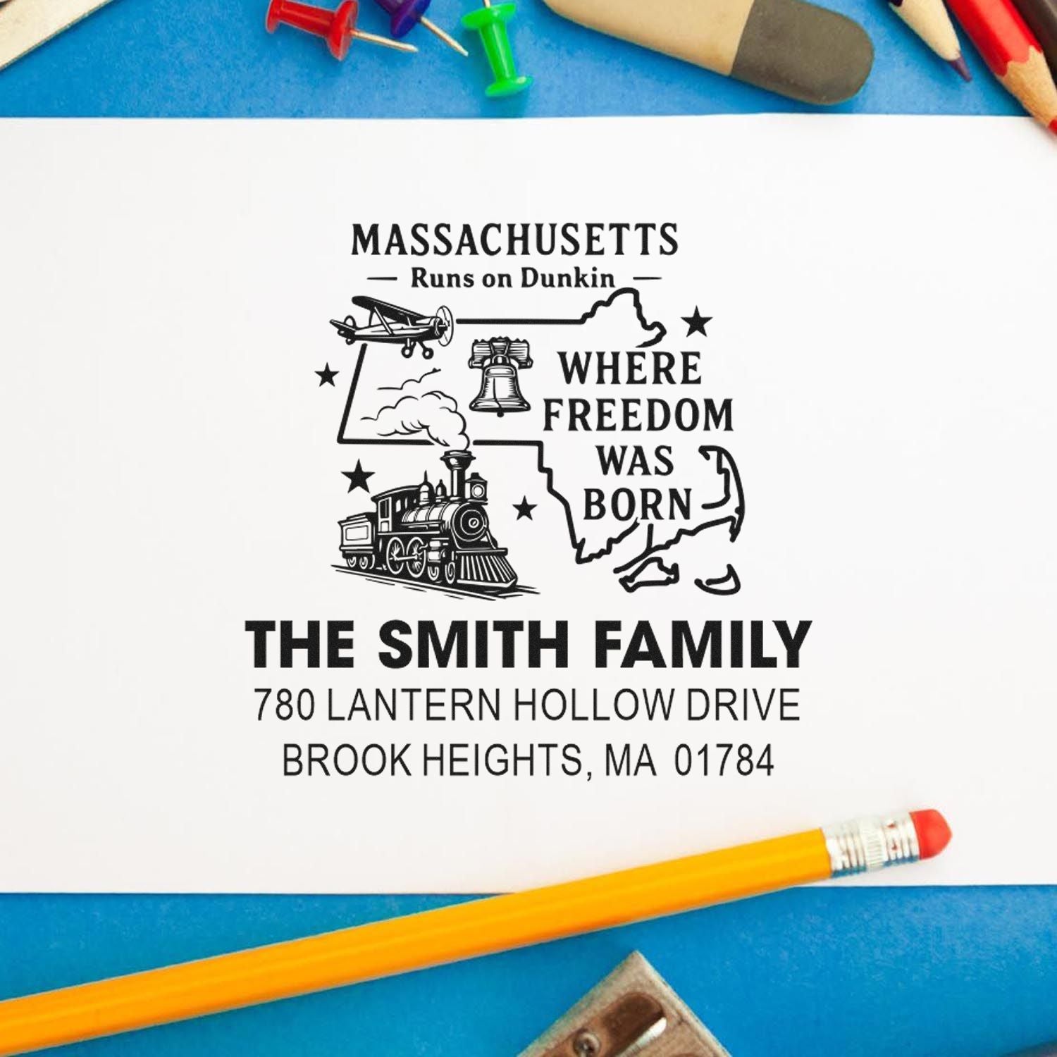 Custom Massachusetts family address rubber stamp with state outline, historic icons, and return address for Brook Heights, MA.