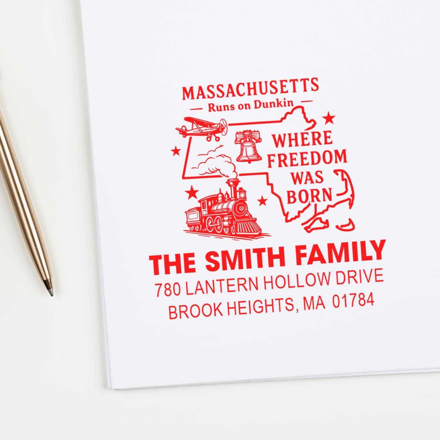 Personalized Massachusetts return address rubber stamp for The Smith Family with custom home address and patriotic design.