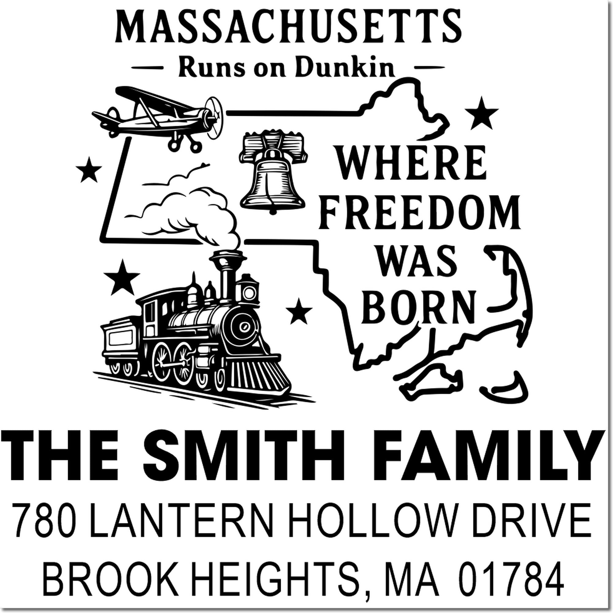 Custom Massachusetts return address rubber stamp with state outline, vintage train, bell and airplane, featuring Brook Heights, MA.