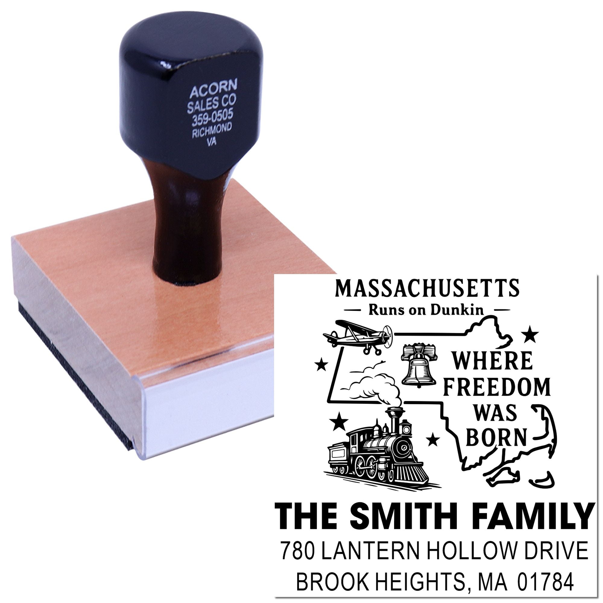 Custom Massachusetts return address rubber stamp with decorative family design and personalized mailing details.