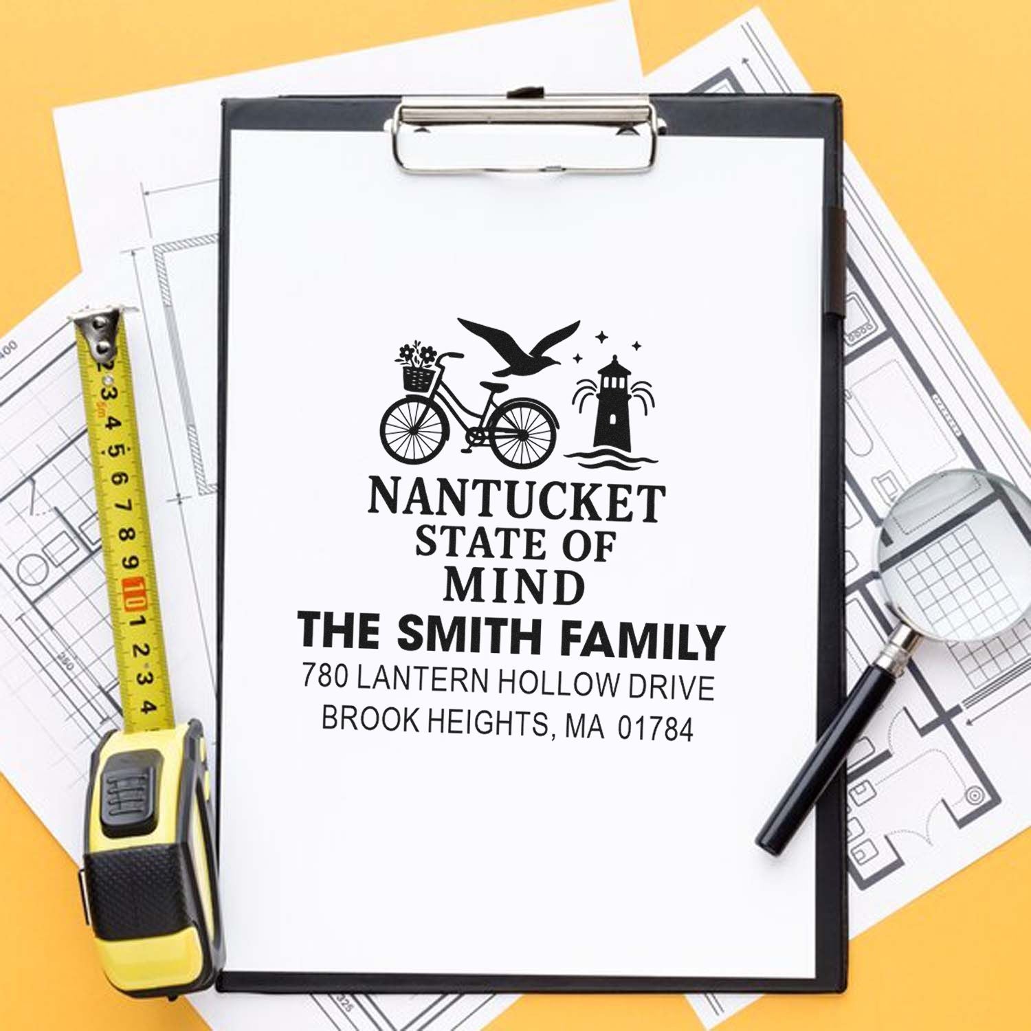 Custom rubber return address stamp with Nantucket theme, Smith family name, and personalized mailing address for envelopes.
