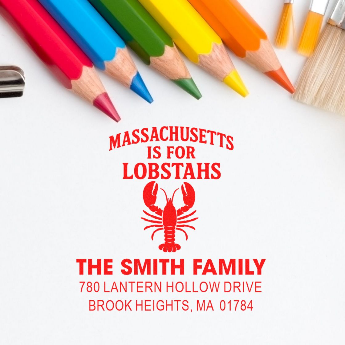Custom family address rubber stamp with lobster design and Massachusetts is for Lobstahs text for New England mail.