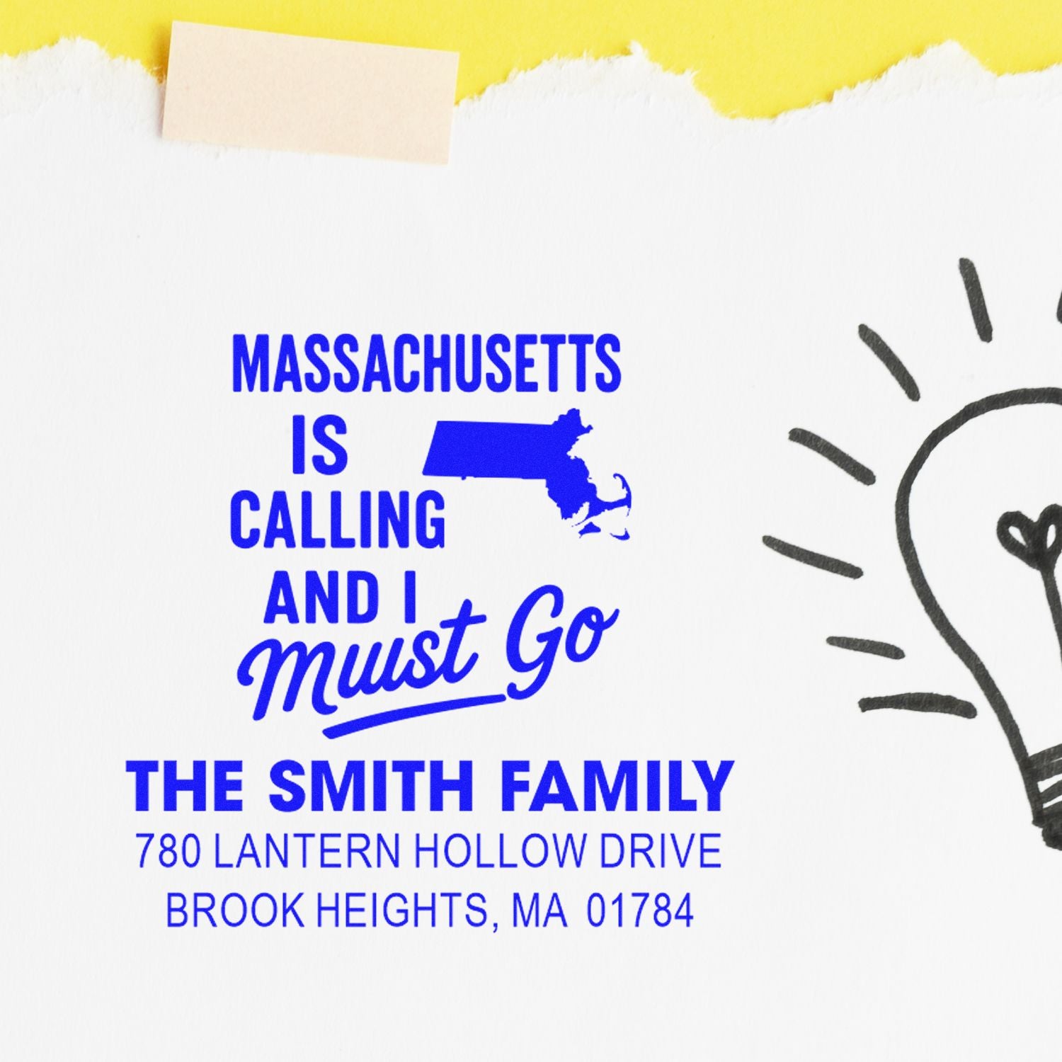 Custom rubber return address stamp with Massachusetts is Calling design for The Smith Family, Brook Heights, MA.