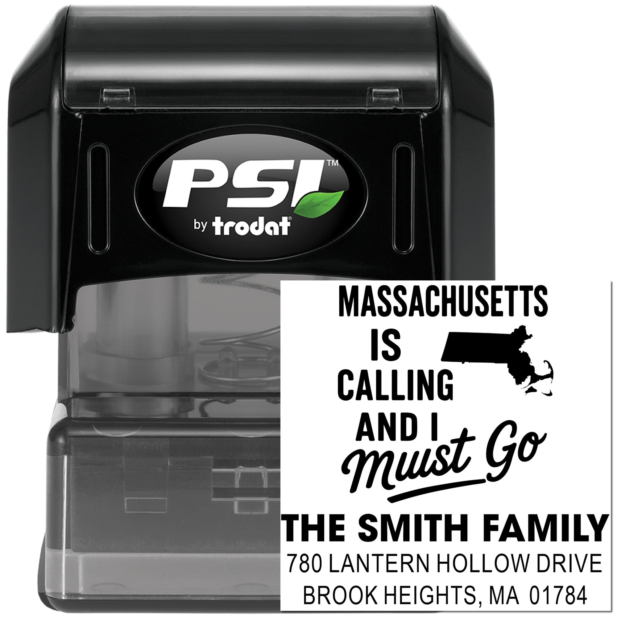 Custom self-inking rubber address stamp with Massachusetts saying, Smith family name, and return address design.