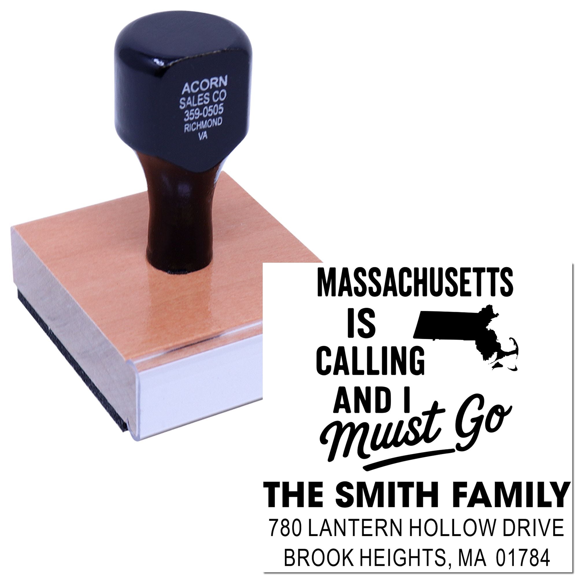 Personalized rubber stamp with Massachusetts is Calling and I Must Go family address design for custom mail and gifts