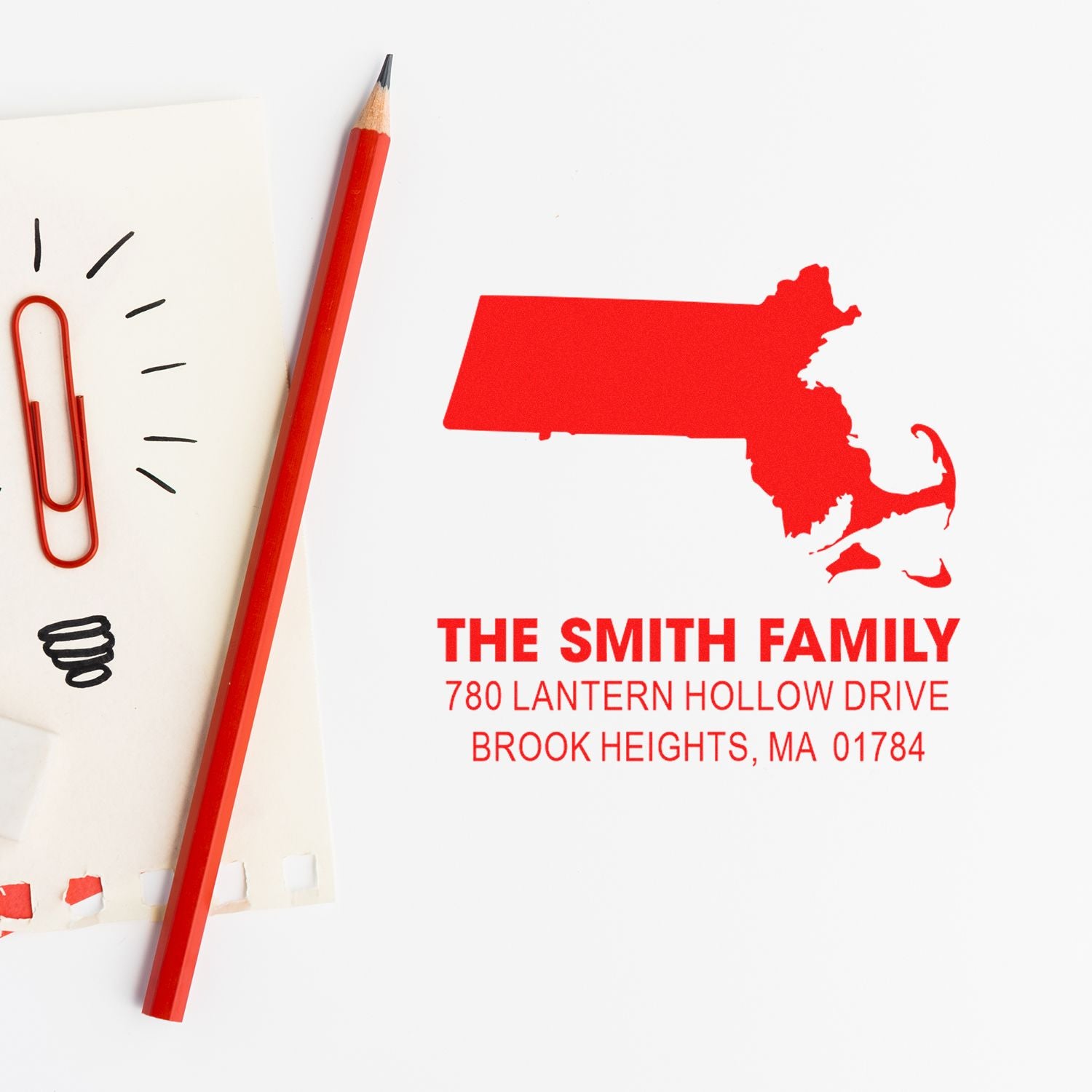 Personalized return address rubber stamp with Massachusetts silhouette for The Smith Family stationery.