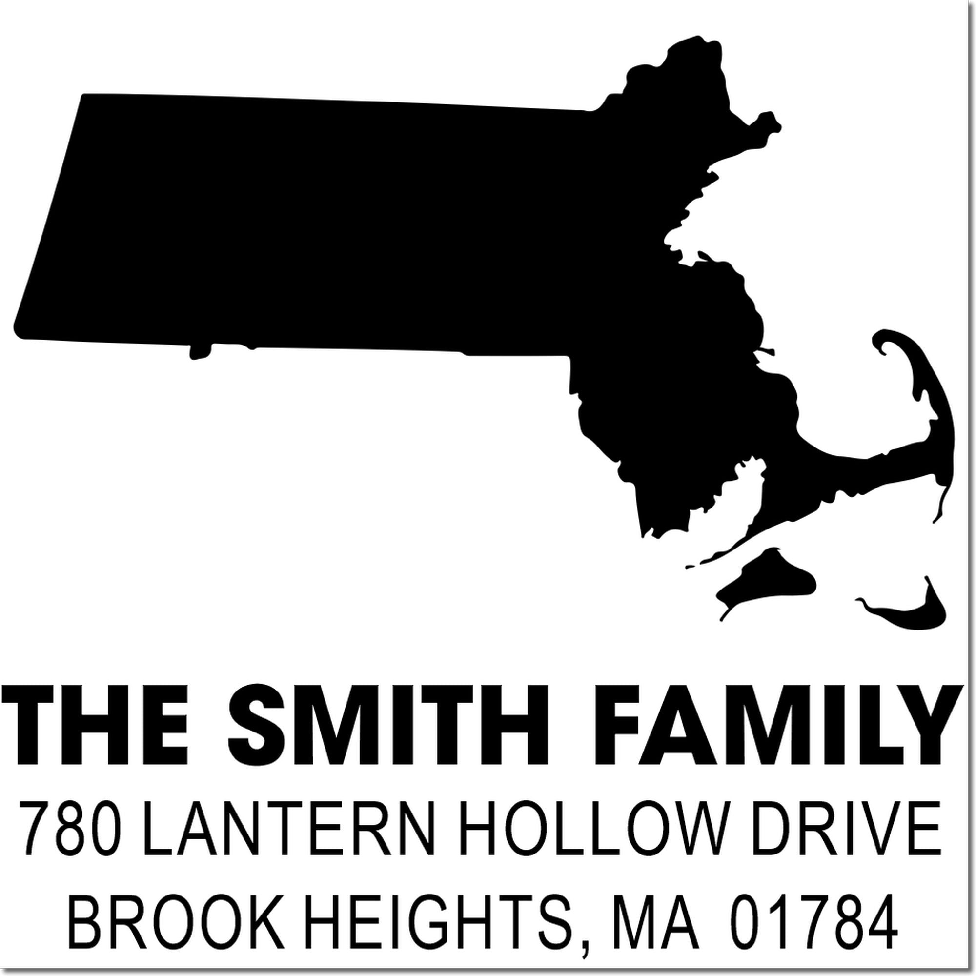 Custom return address rubber stamp with Massachusetts state silhouette for The Smith Family, Brook Heights, MA.