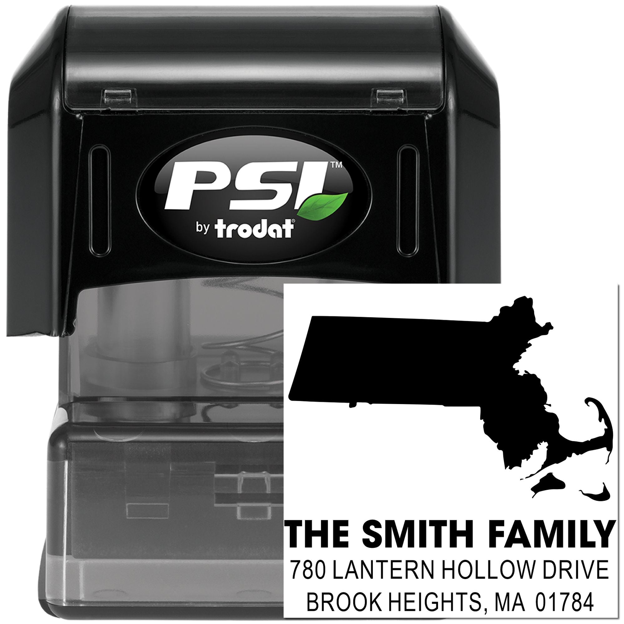 Custom self-inking return address rubber stamp with Massachusetts silhouette, family name, and mailing address.