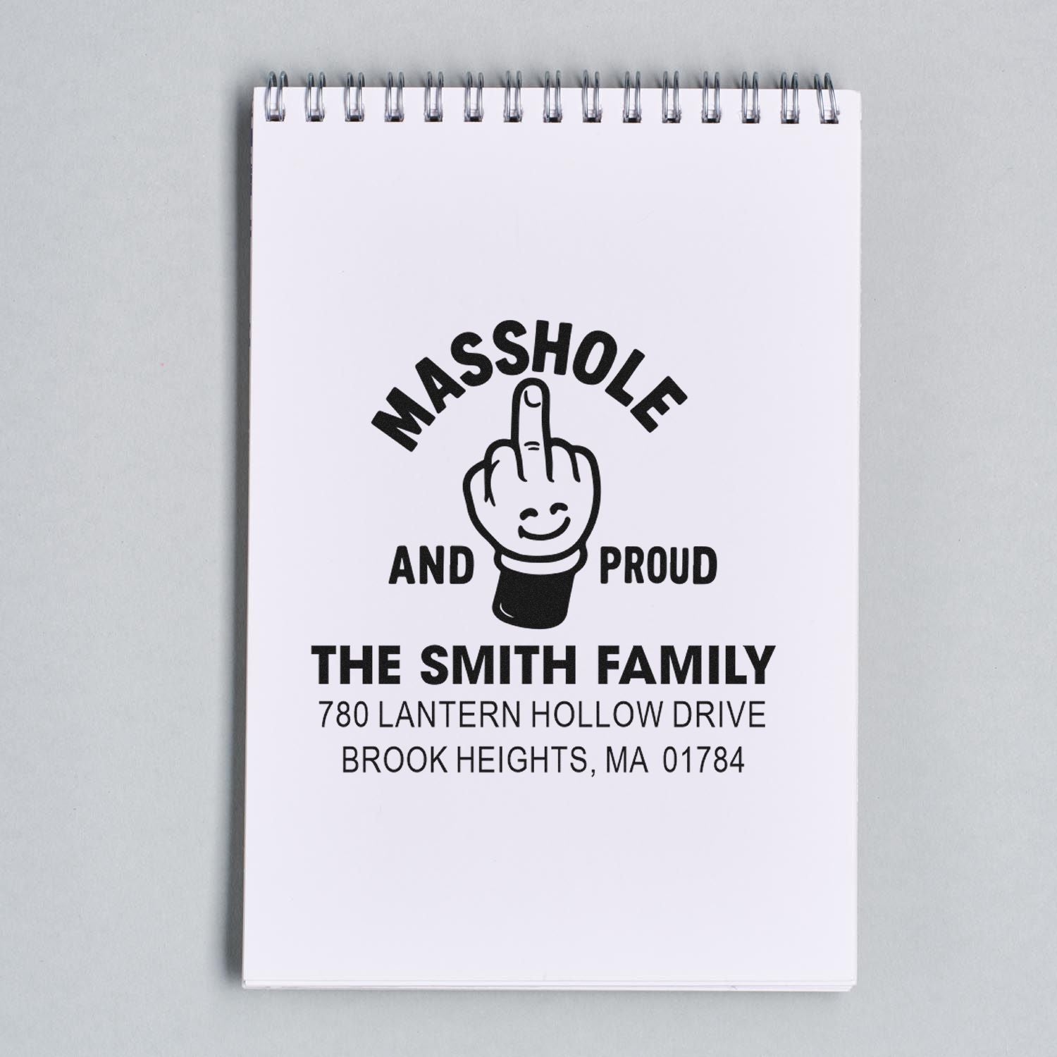 Personalized custom address rubber stamp with Masshole and Proud Smith family name and return mailing address.