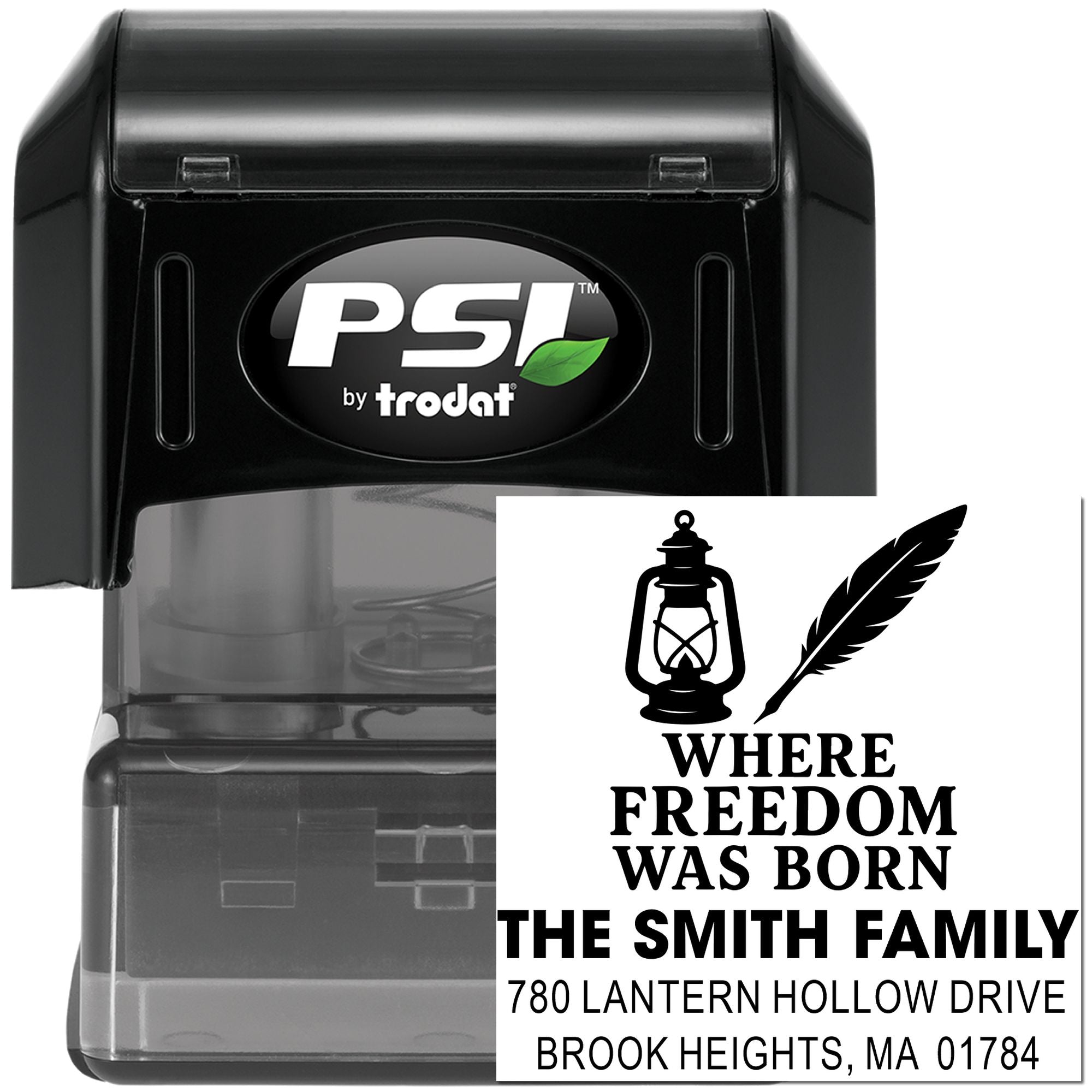 Custom self-inking address stamp for The Smith Family, featuring lantern and quill design with return mailing address.