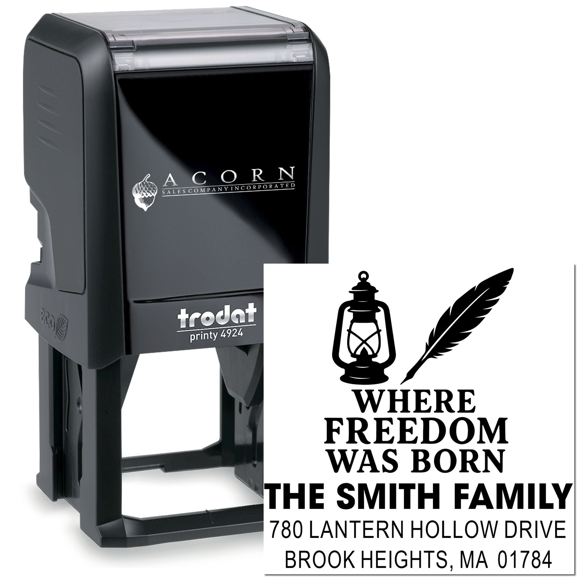 Custom self-inking rubber address stamp with lantern and feather design, personalized for The Smith Family mailing use.