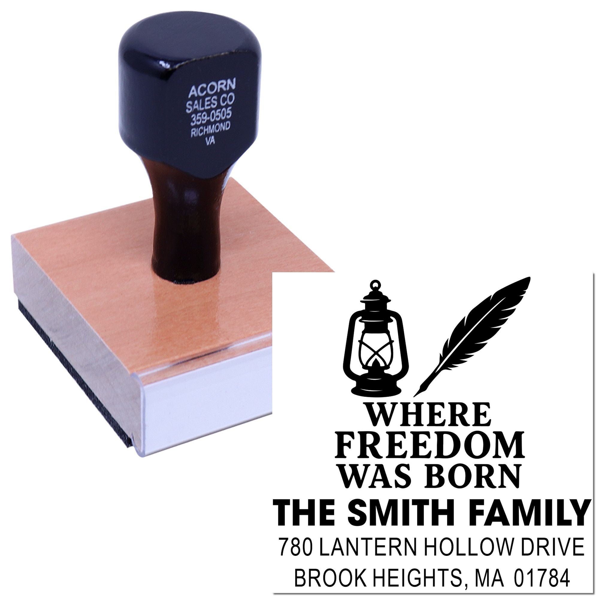Custom return address rubber stamp with lantern and feather design, featuring The Smith Family patriotic home address.