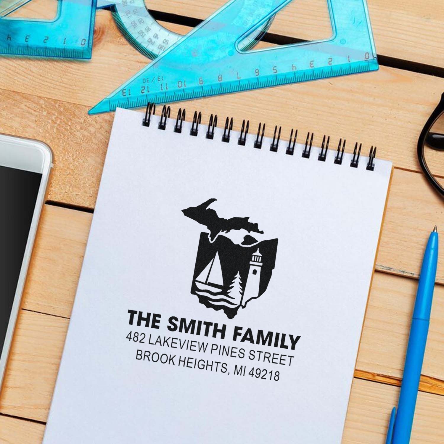 Personalized family return address rubber stamp with Michigan lakehouse design