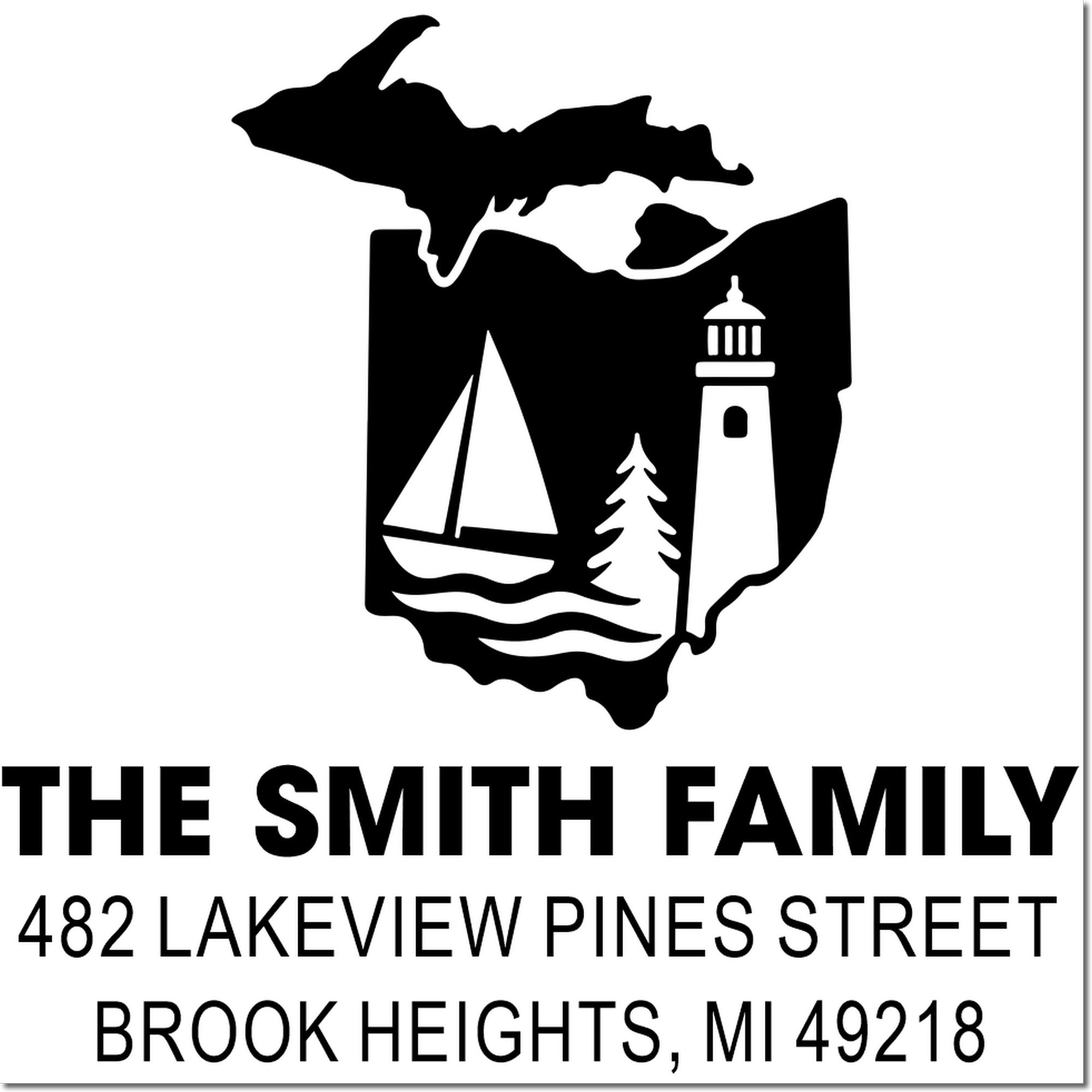 Personalized Michigan return address rubber stamp for The Smith Family with sailboat, lighthouse, and home address.