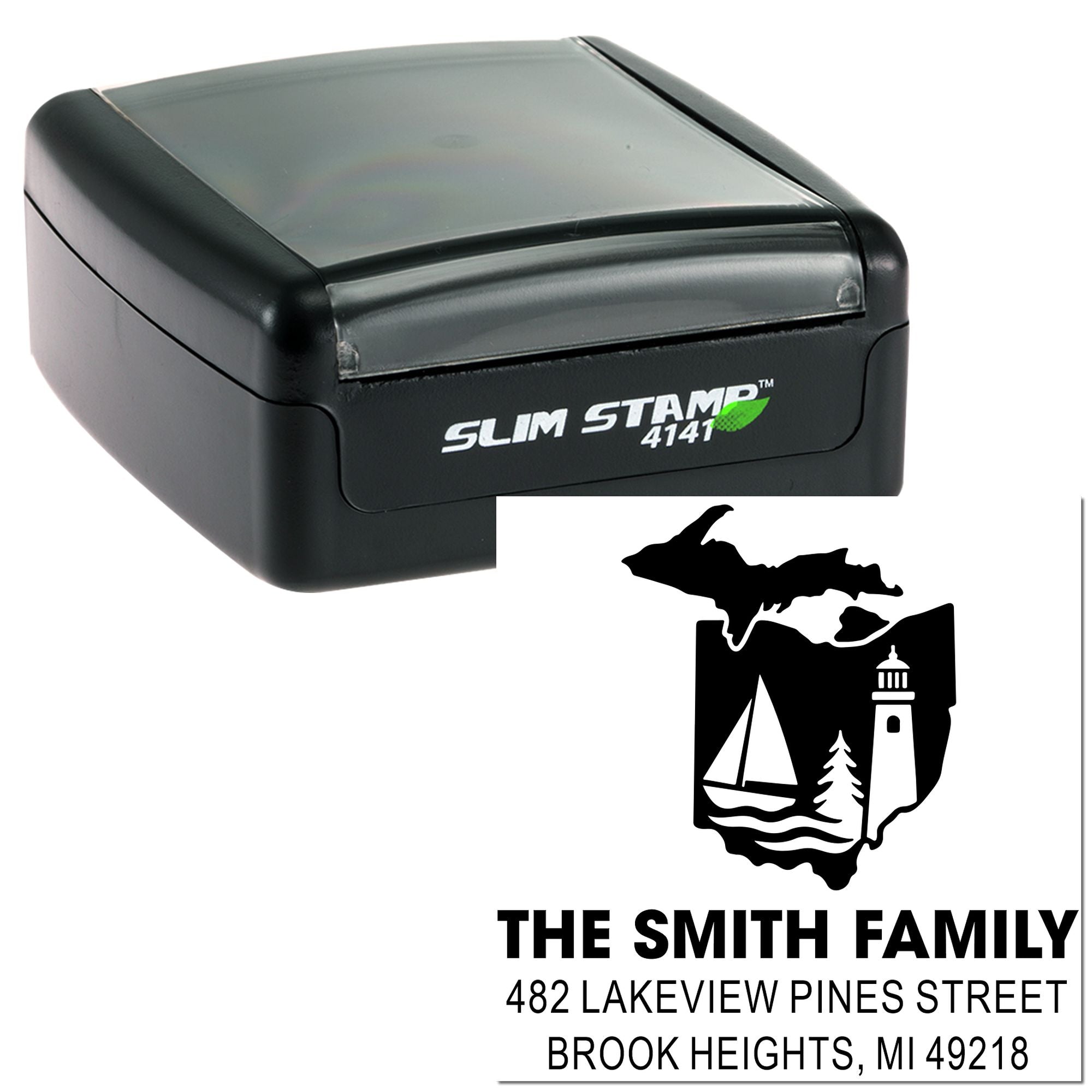 Custom Michigan return address rubber stamp with Slim Stamp 4141 self-inking design and family home logo.