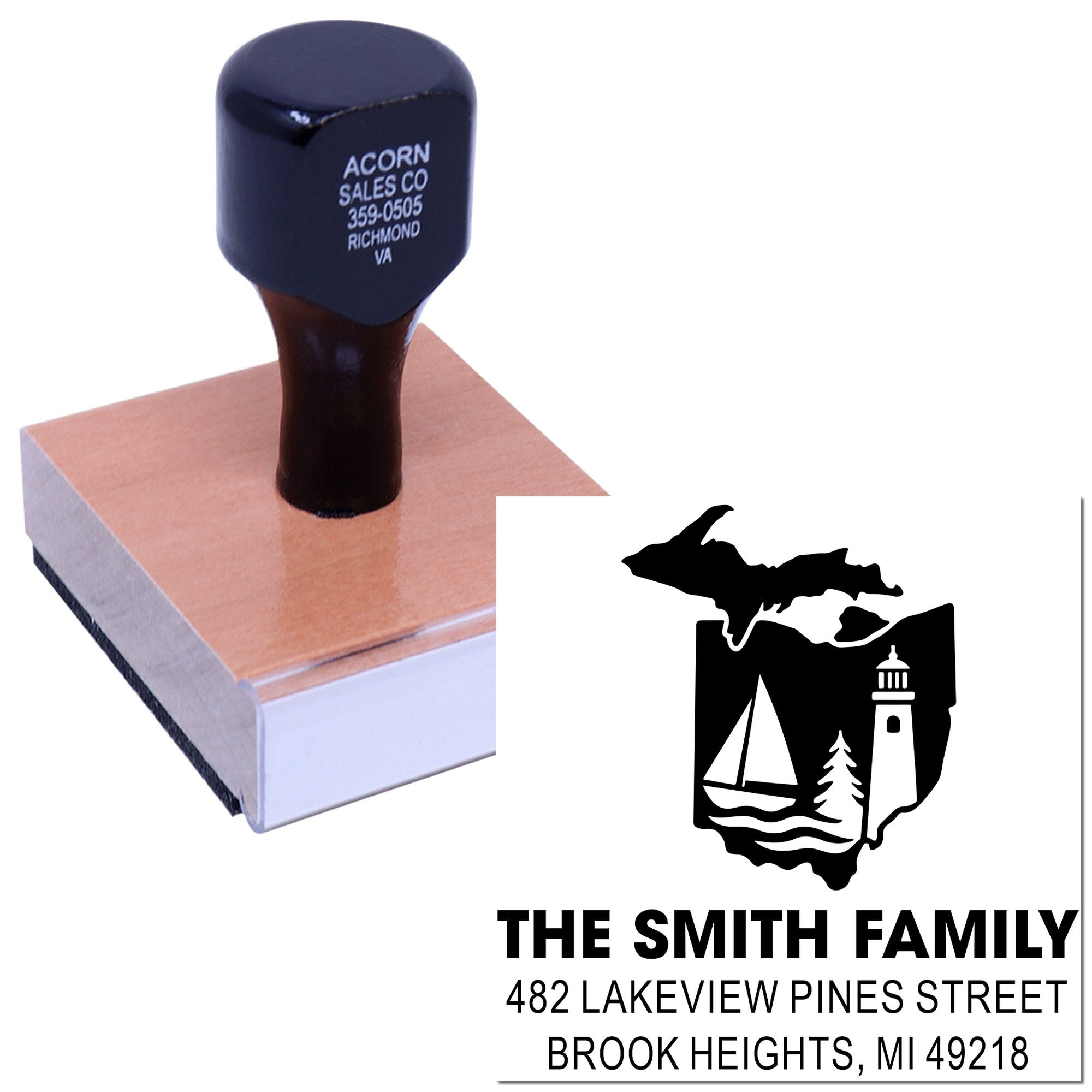 Personalized return address rubber stamp with Michigan lake-themed family logo and custom home address.