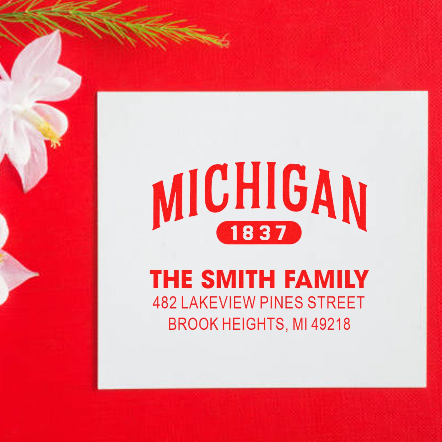Custom Michigan rubber address stamp for The Smith Family, Brook Heights, MI 49218, with personalized 1837 design.