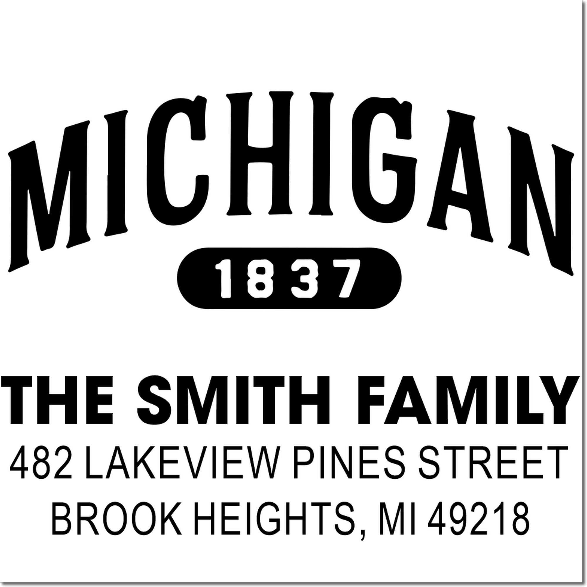 Custom Michigan family address rubber stamp for The Smith Family, Brook Heights, MI, ideal for envelopes and return addressing.