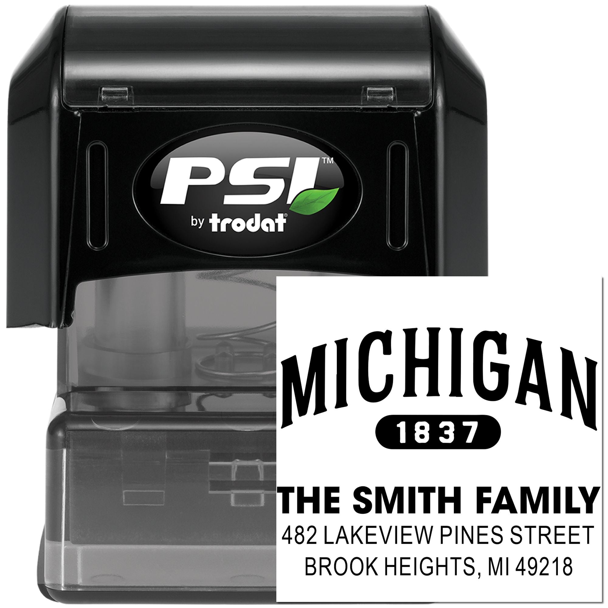 PSI by Trodat custom address self-inking rubber stamp with Michigan 1837 family return address design