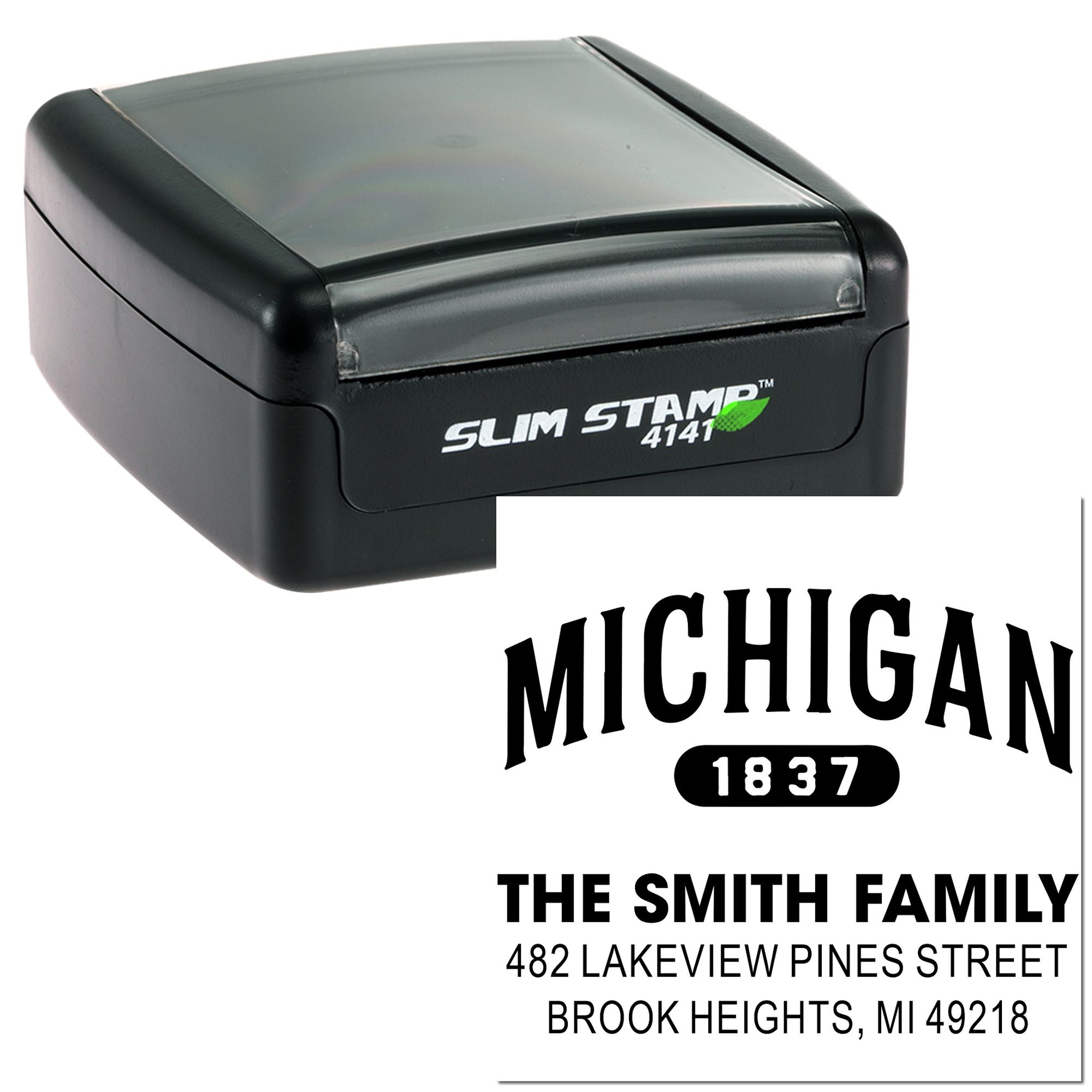 Slim Stamp 4141 custom address rubber stamp showing Michigan family name and address imprint for personalized mailing.