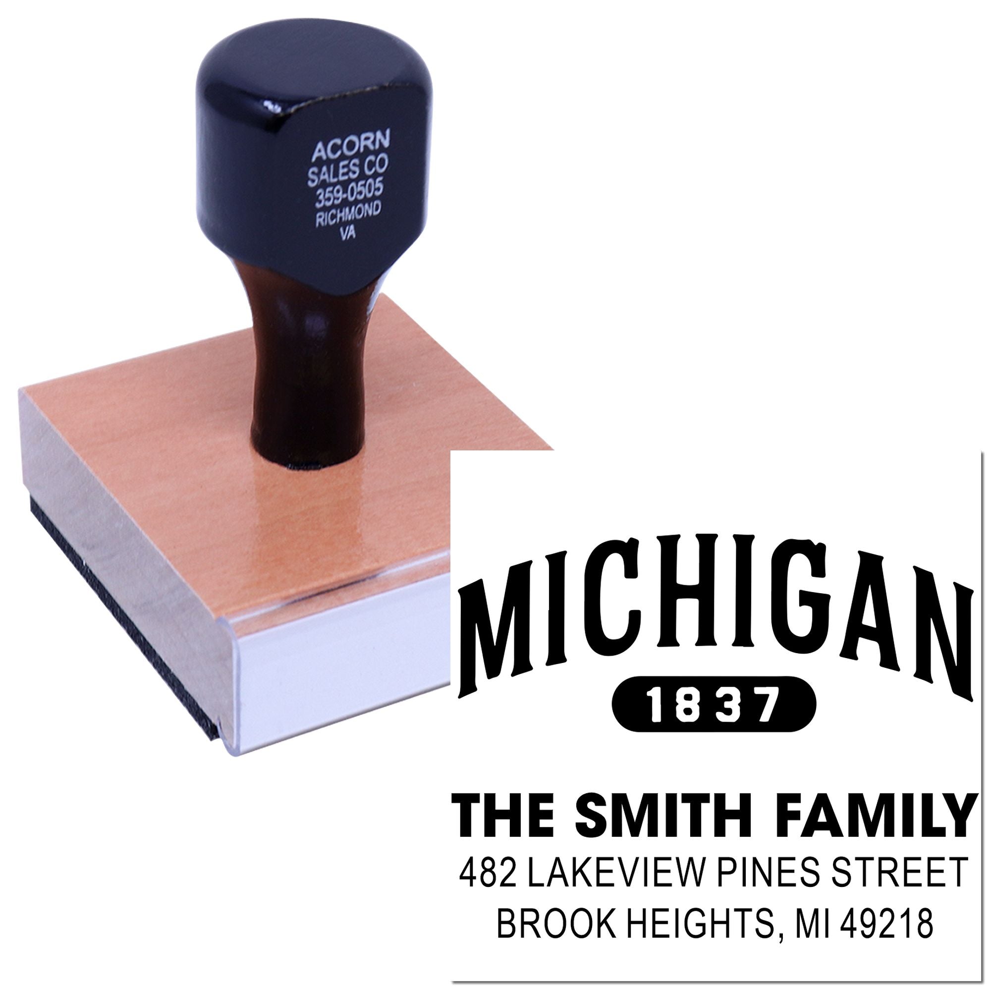 Personalized rubber address stamp with Michigan 1837 family name and return address for envelopes and mail.