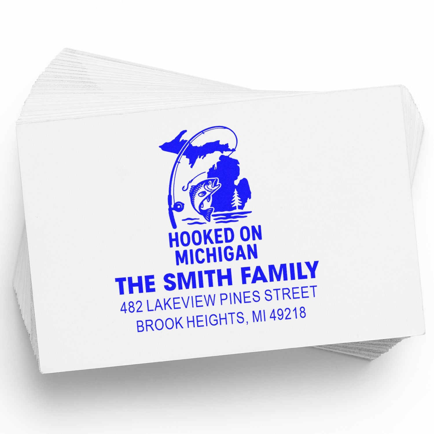 Custom fishing-themed Michigan address rubber stamp for The Smith Family, ideal for personalized mail and envelopes.