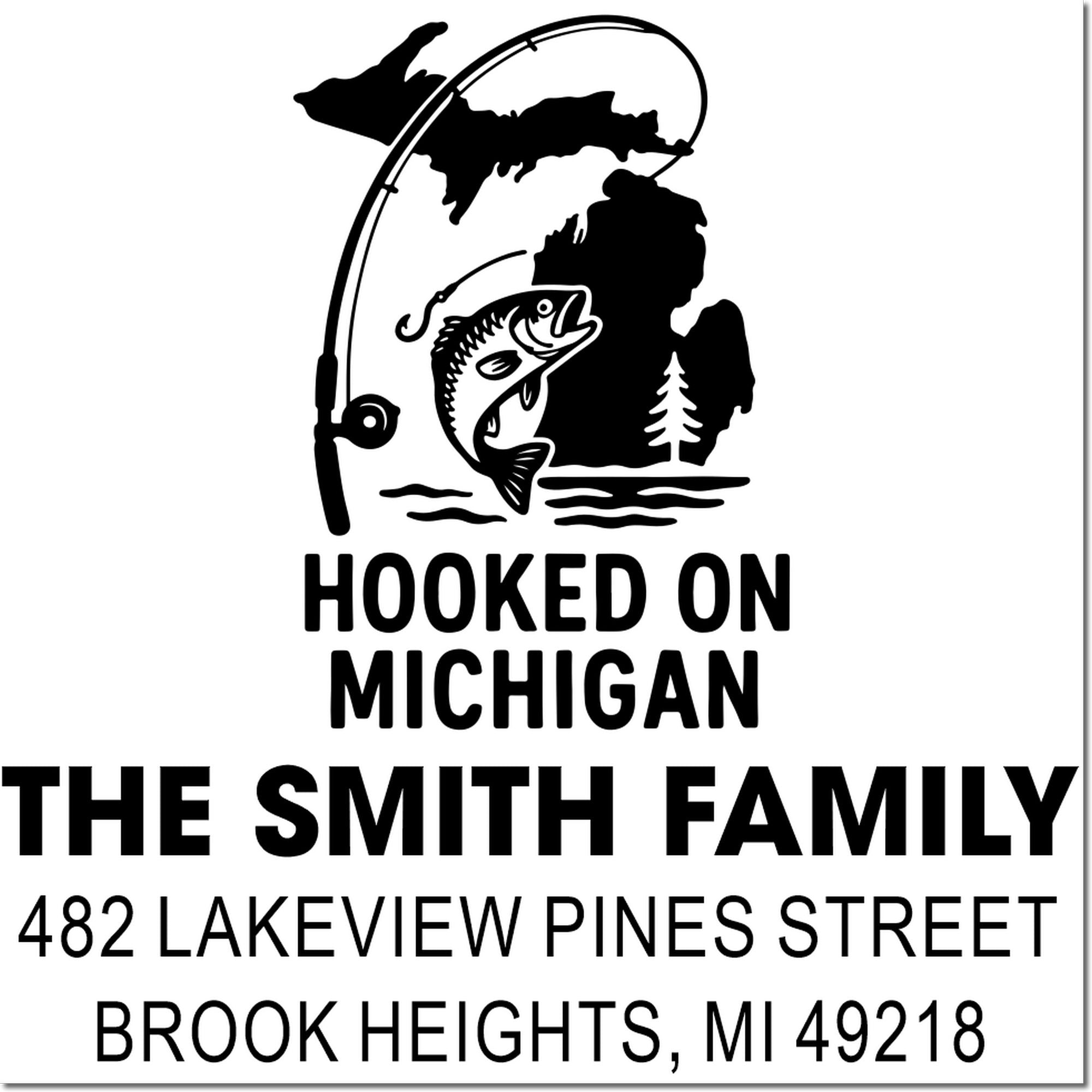 Personalized Michigan fishing family rubber stamp with fish, state outline, and address for The Smith Family
