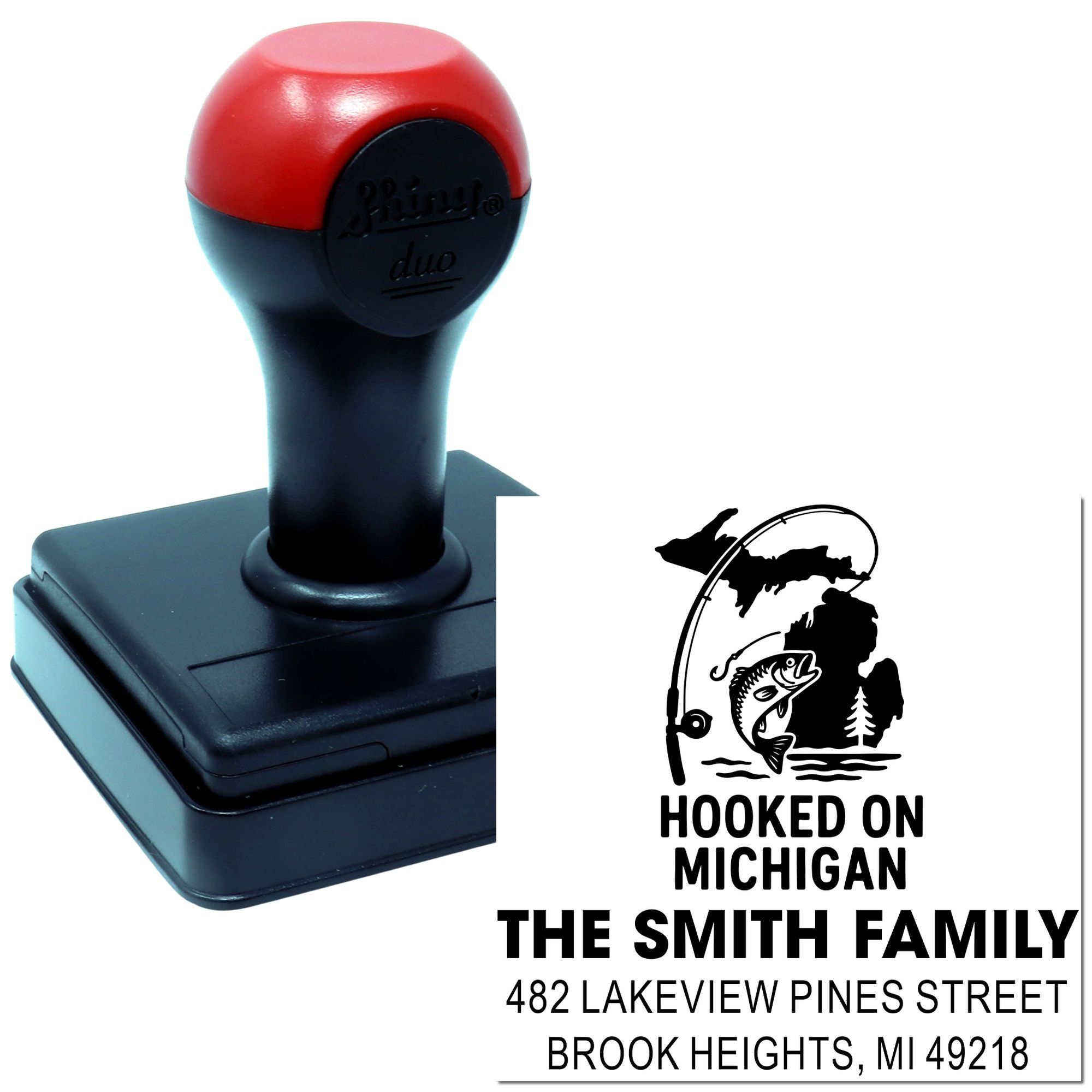 Custom self-inking rubber stamp with fishing design, Hooked on Michigan family return address stamp for mail and crafts