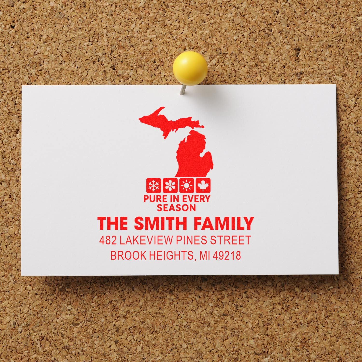Custom address rubber stamp for The Smith Family, featuring Michigan design and Brook Heights, MI return address.