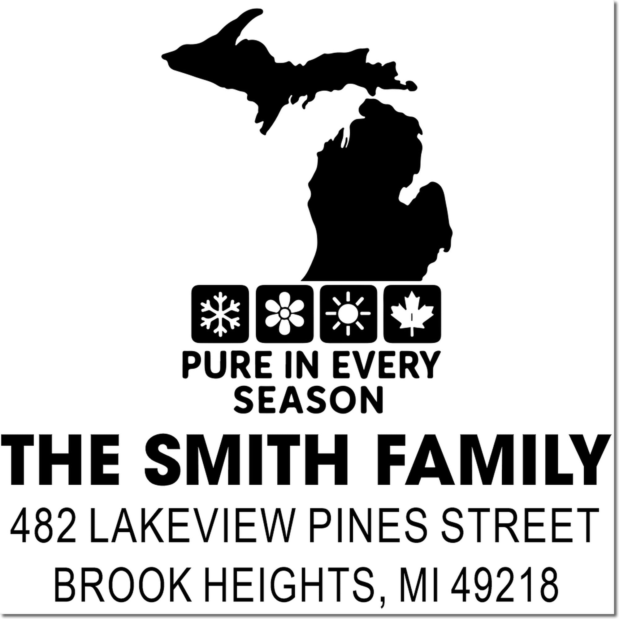 Custom address rubber stamp with Michigan silhouette, seasonal icons, and The Smith Family return address in Brook Heights, MI.