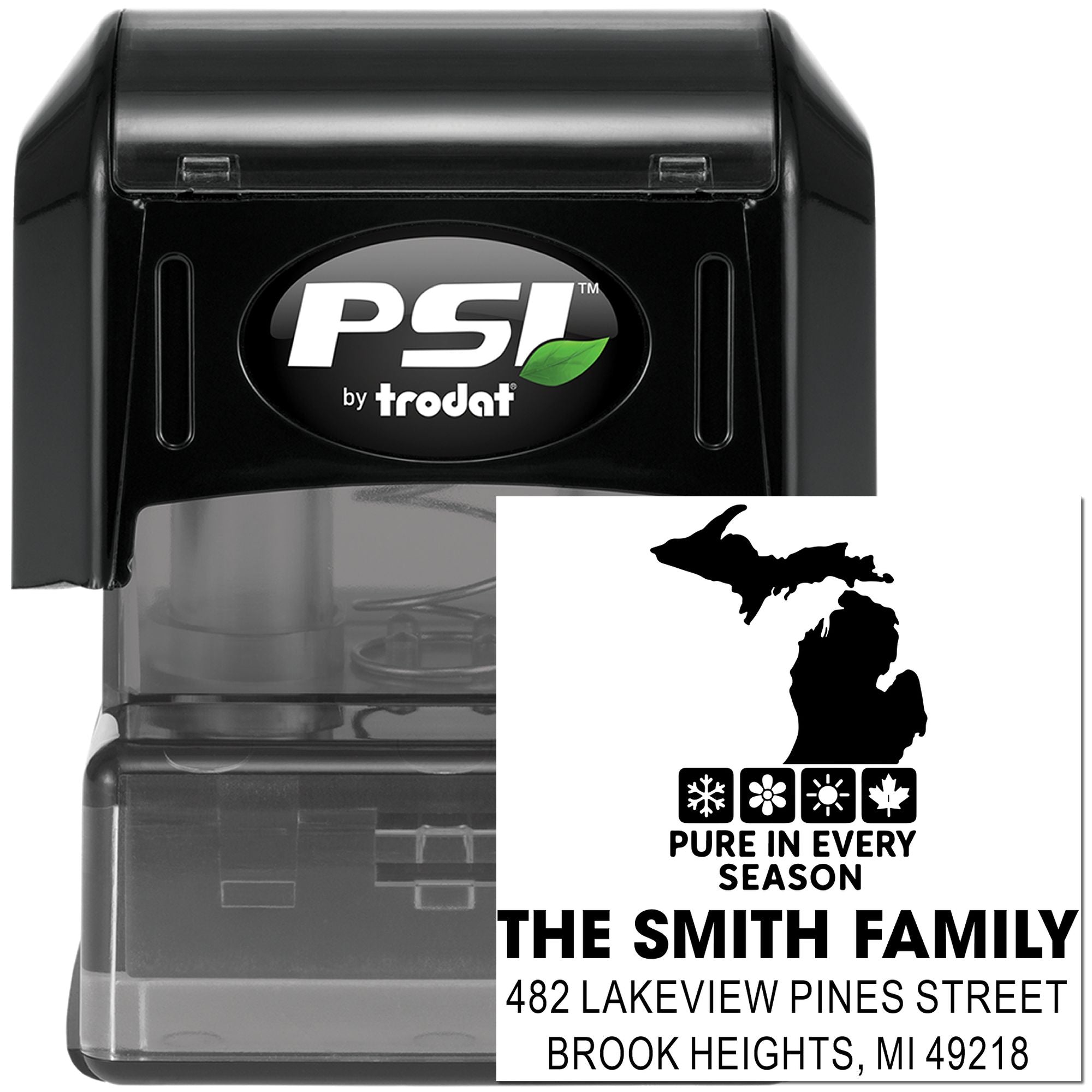 PSI by Trodat self-inking custom address rubber stamp with Michigan family return address design and imprint sample