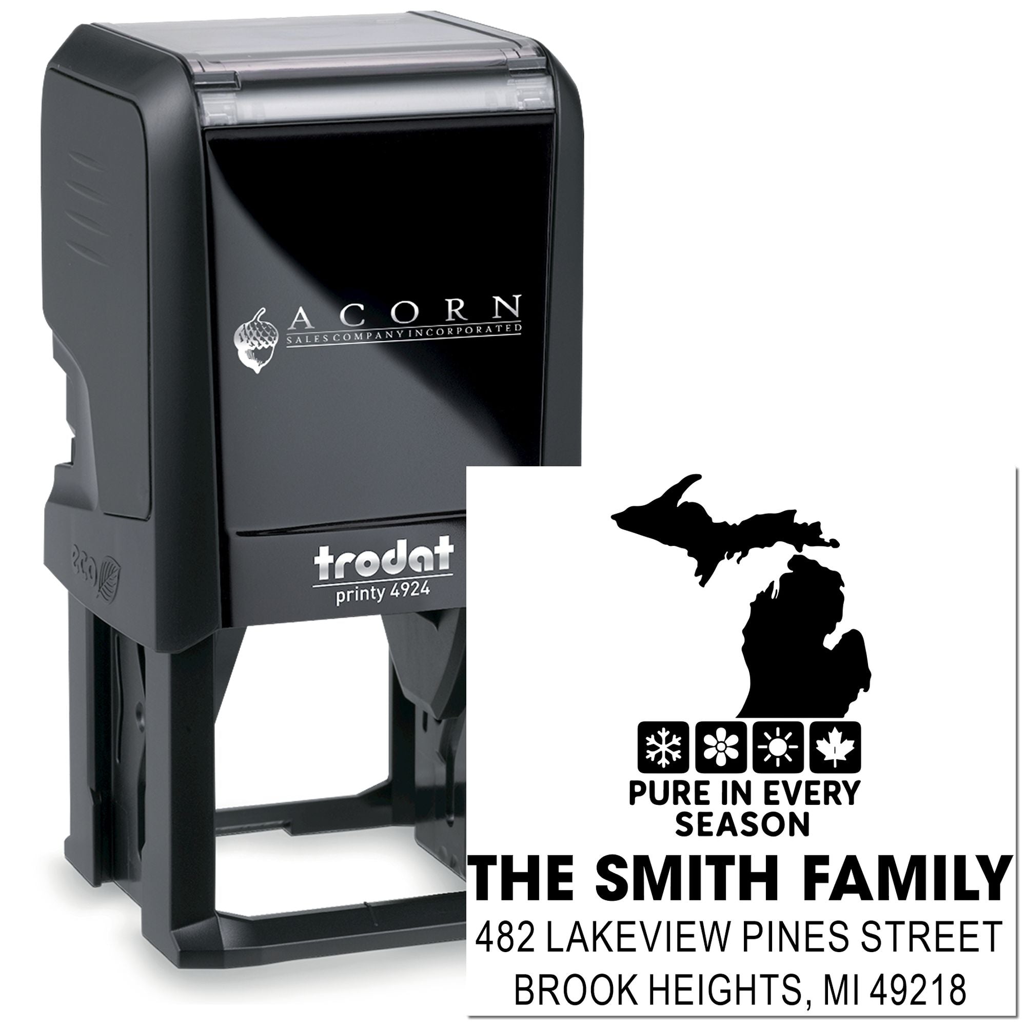 Custom self-inking rubber stamp with Michigan design and family address, Trodat Printy 4924.