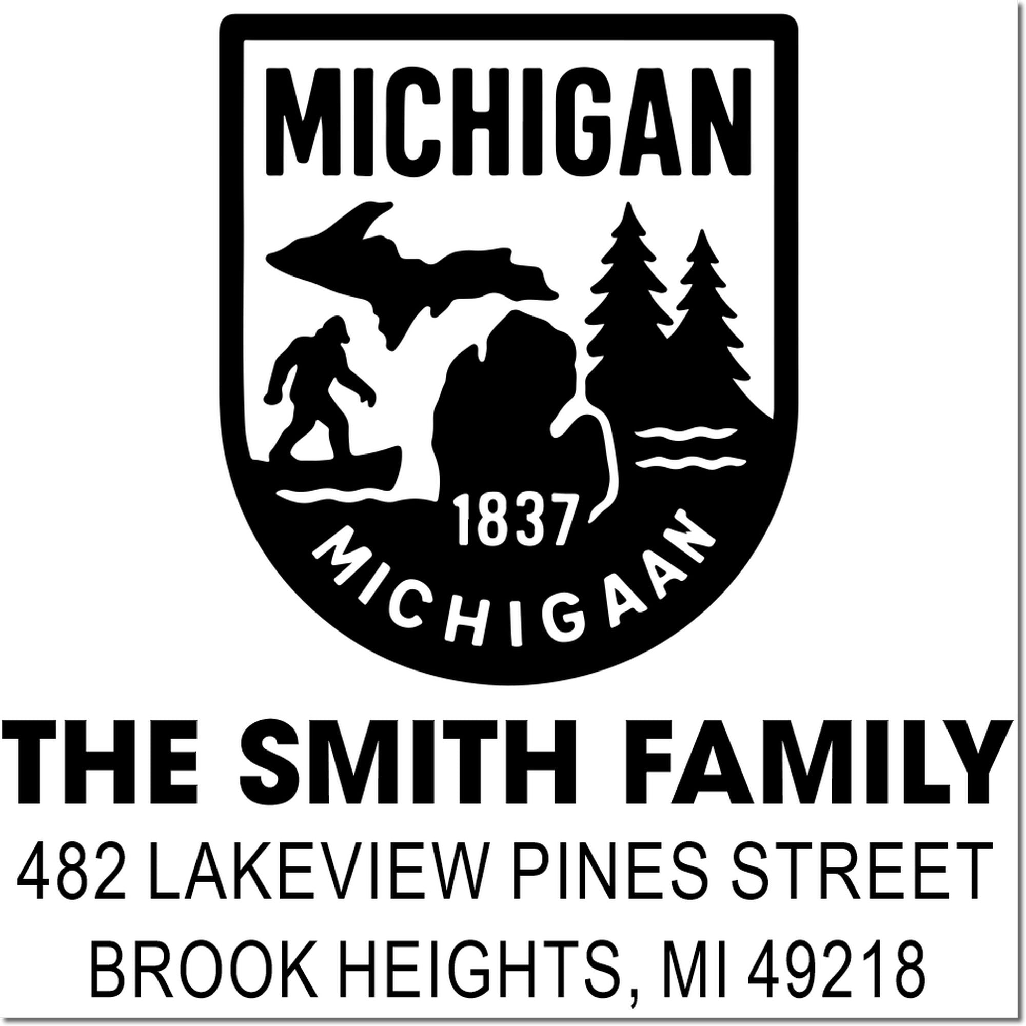 Michigan custom return address rubber stamp with state seal, The Smith Family, Brook Heights, MI 49218.