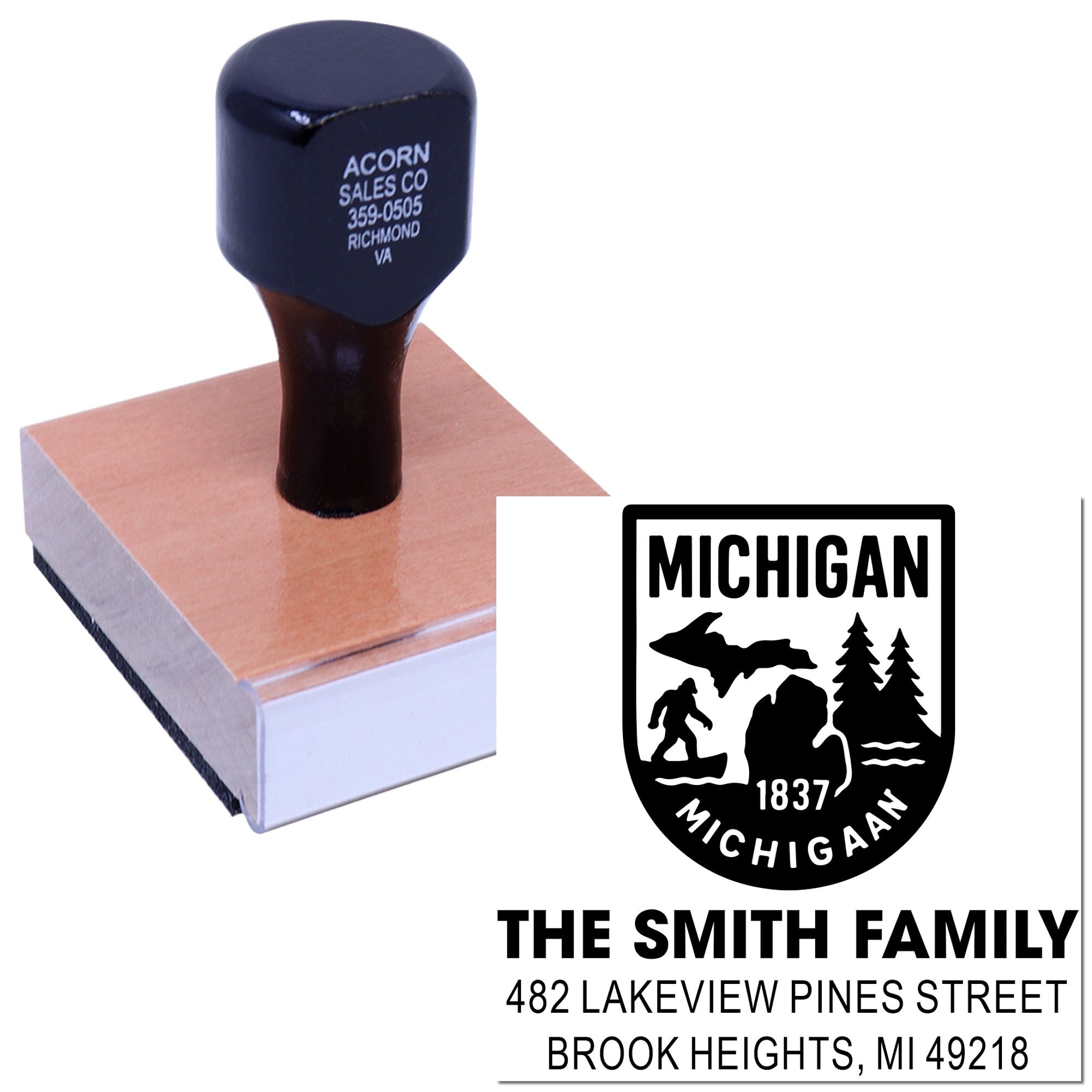 Custom Michigan address rubber stamp with family name and return address design for personalized mail and stationery.