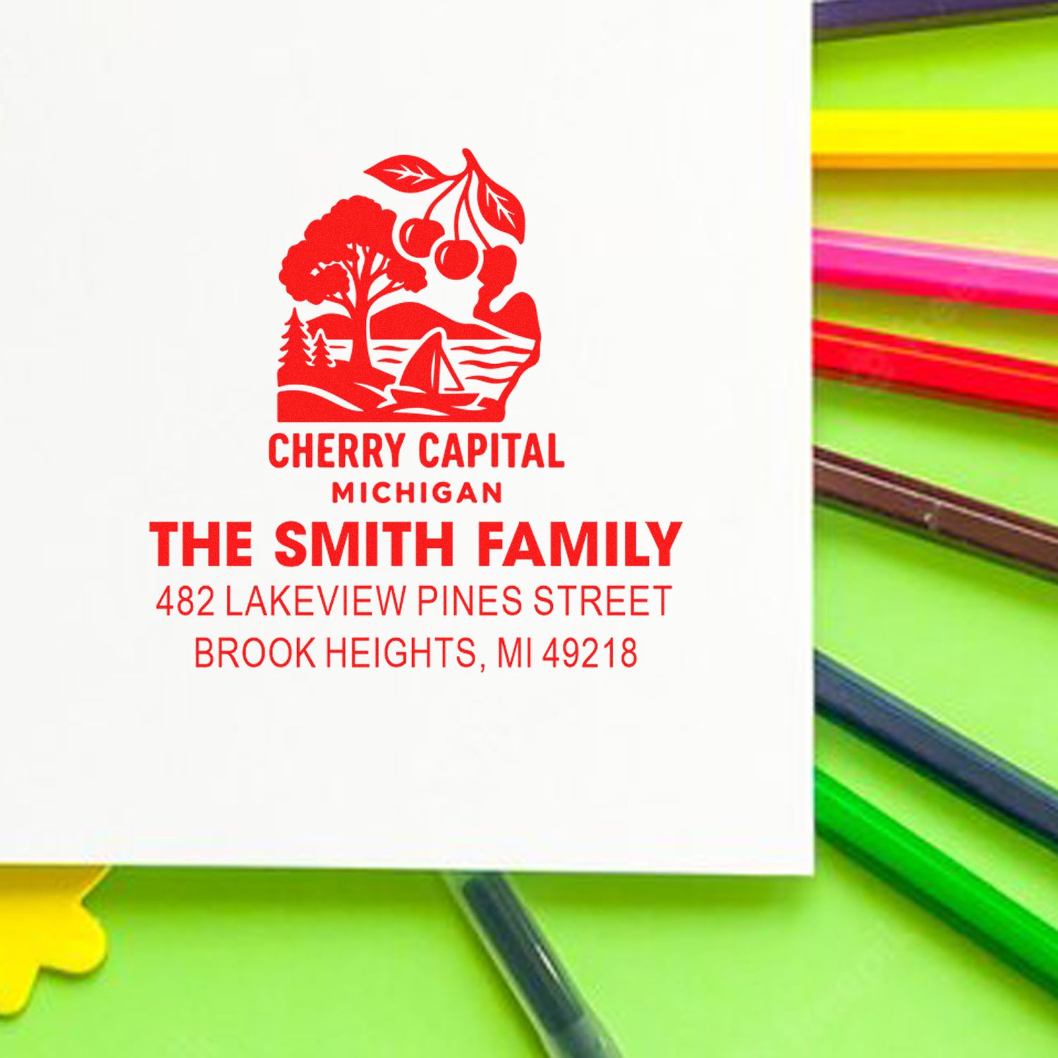 Personalized family return address rubber stamp with Cherry Capital Michigan design, The Smith Family, Brook Heights, MI 49218