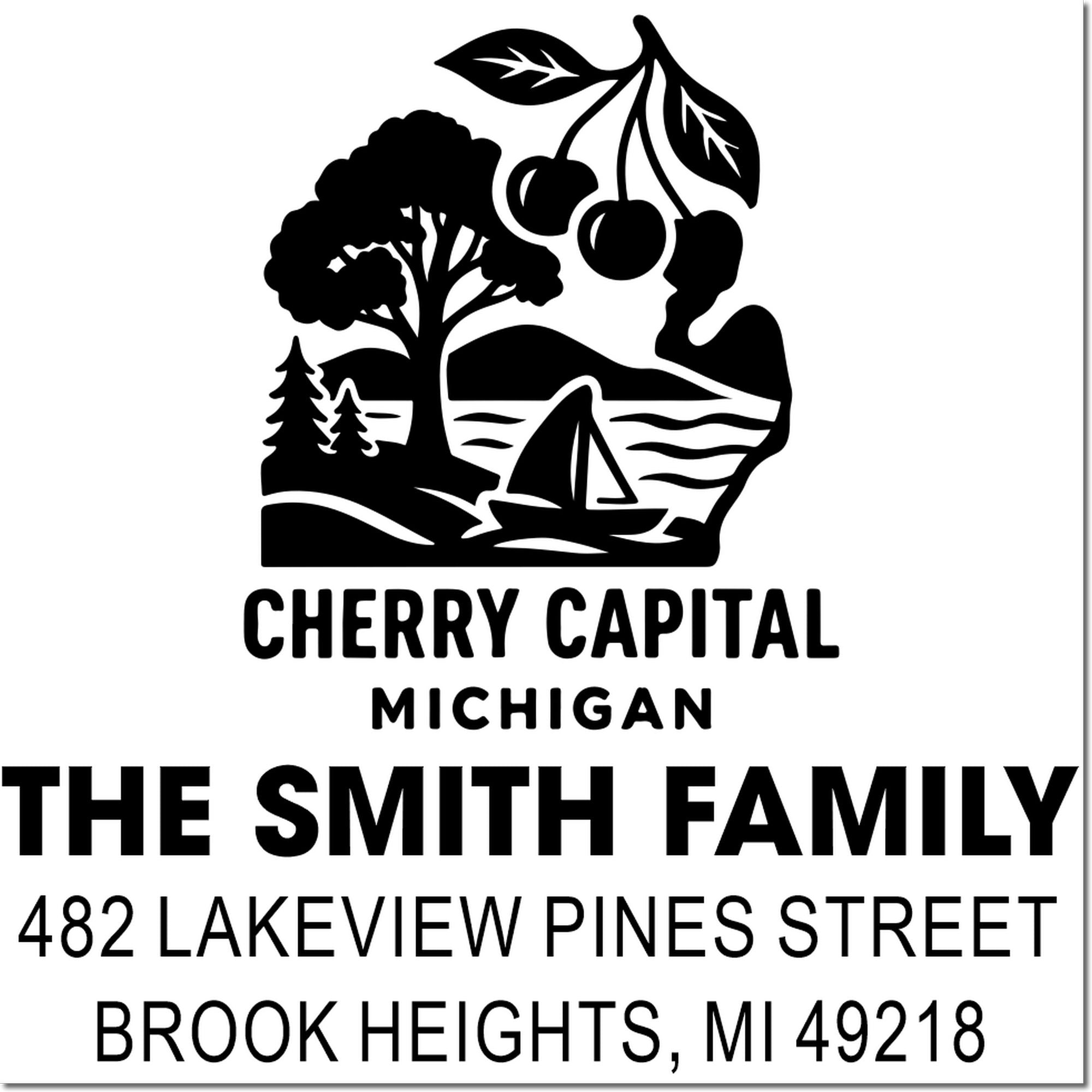 Custom address rubber stamp for The Smith Family, Cherry Capital Michigan, with landscape logo and Brook Heights address.