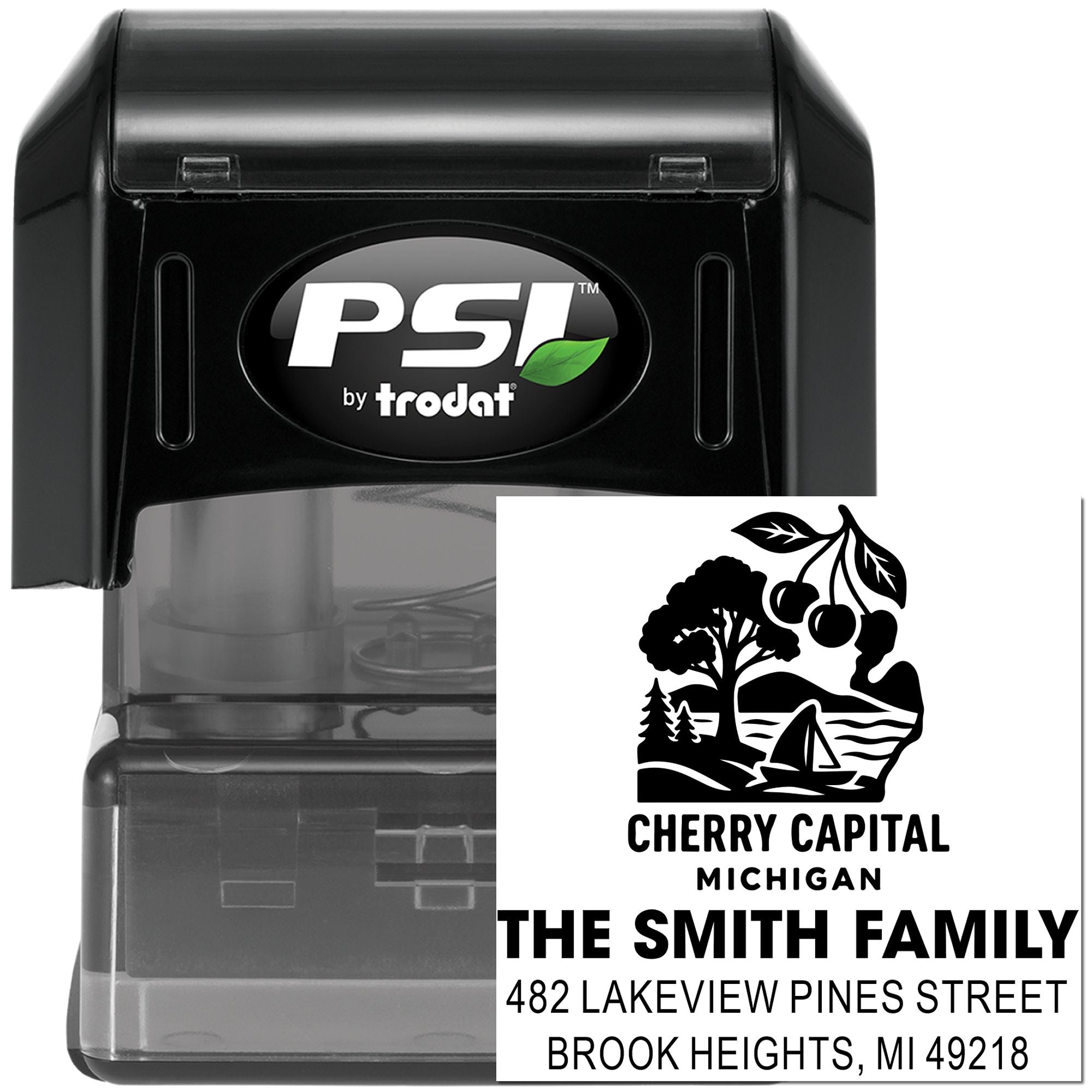 Personalized self-inking rubber stamp with Cherry Capital Michigan family return address design by PSI by Trodat.