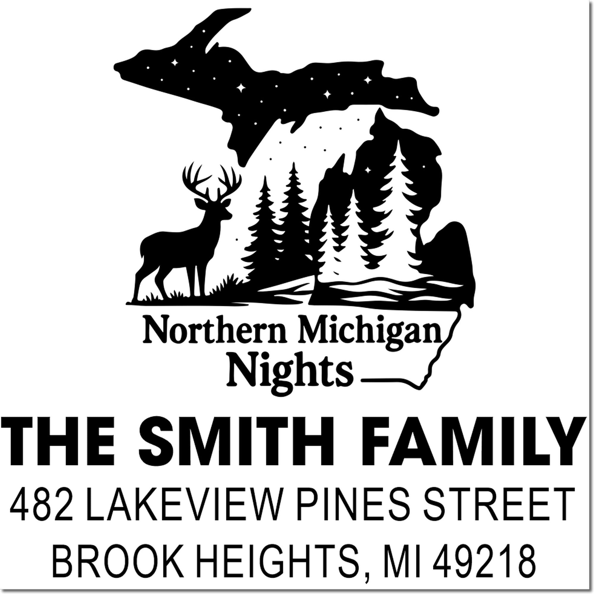 Northern Michigan Nights custom return address rubber stamp with deer, pine trees, and Michigan silhouette.
